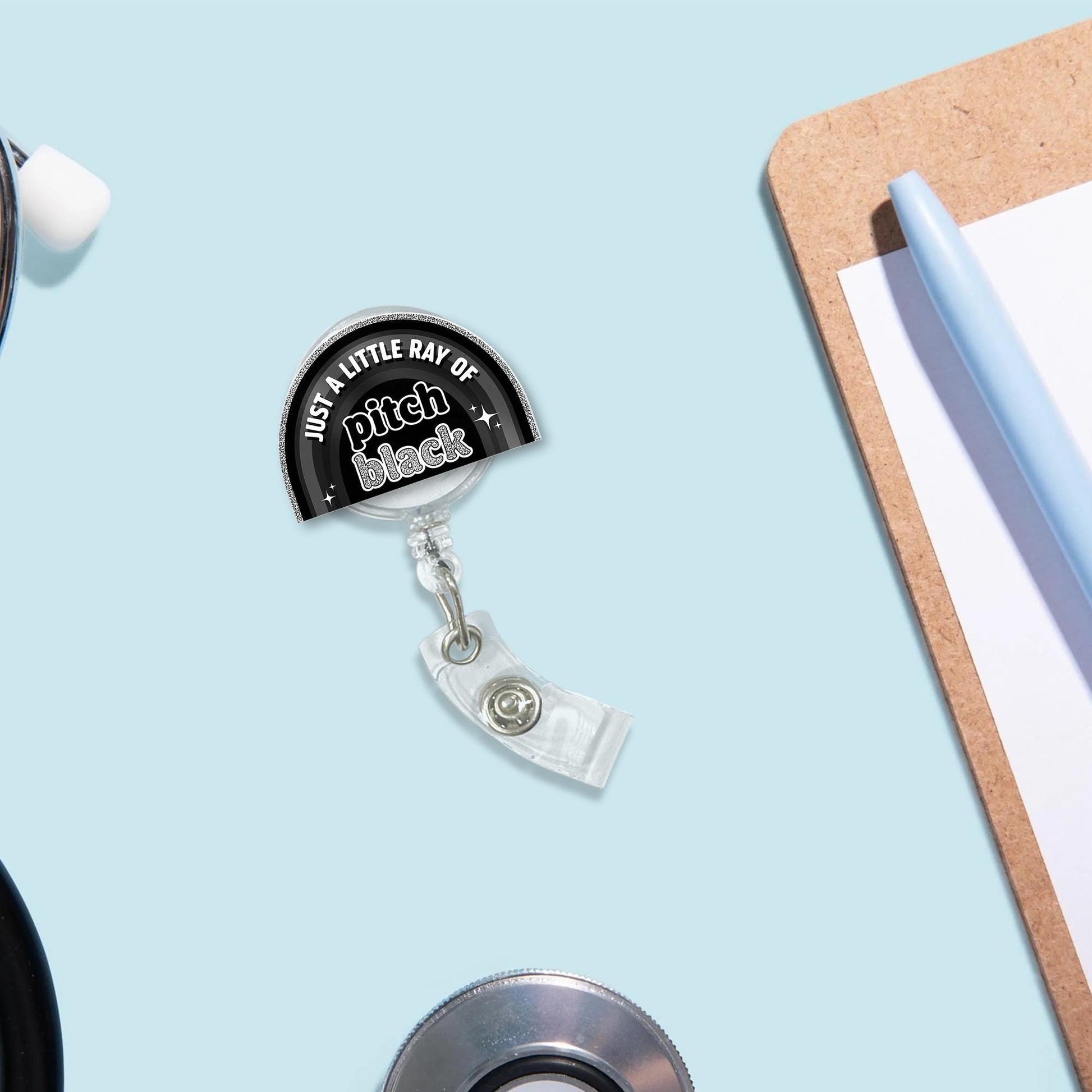 Funny Goth Badge Reel, Just a Little Ray of Pitch Black ID Holder, Dark Humor Clip for Nurses, Work Accessory with Attitude