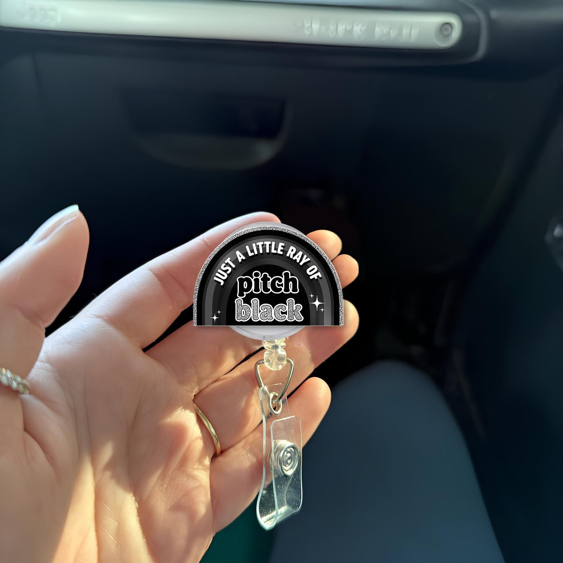 Funny Goth Badge Reel, Just a Little Ray of Pitch Black ID Holder, Dark Humor Clip for Nurses, Work Accessory with Attitude