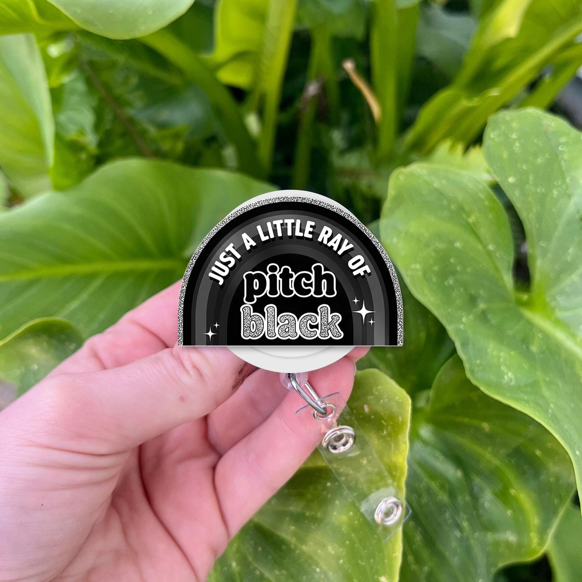 Funny Goth Badge Reel, Just a Little Ray of Pitch Black ID Holder, Dark Humor Clip for Nurses, Work Accessory with Attitude