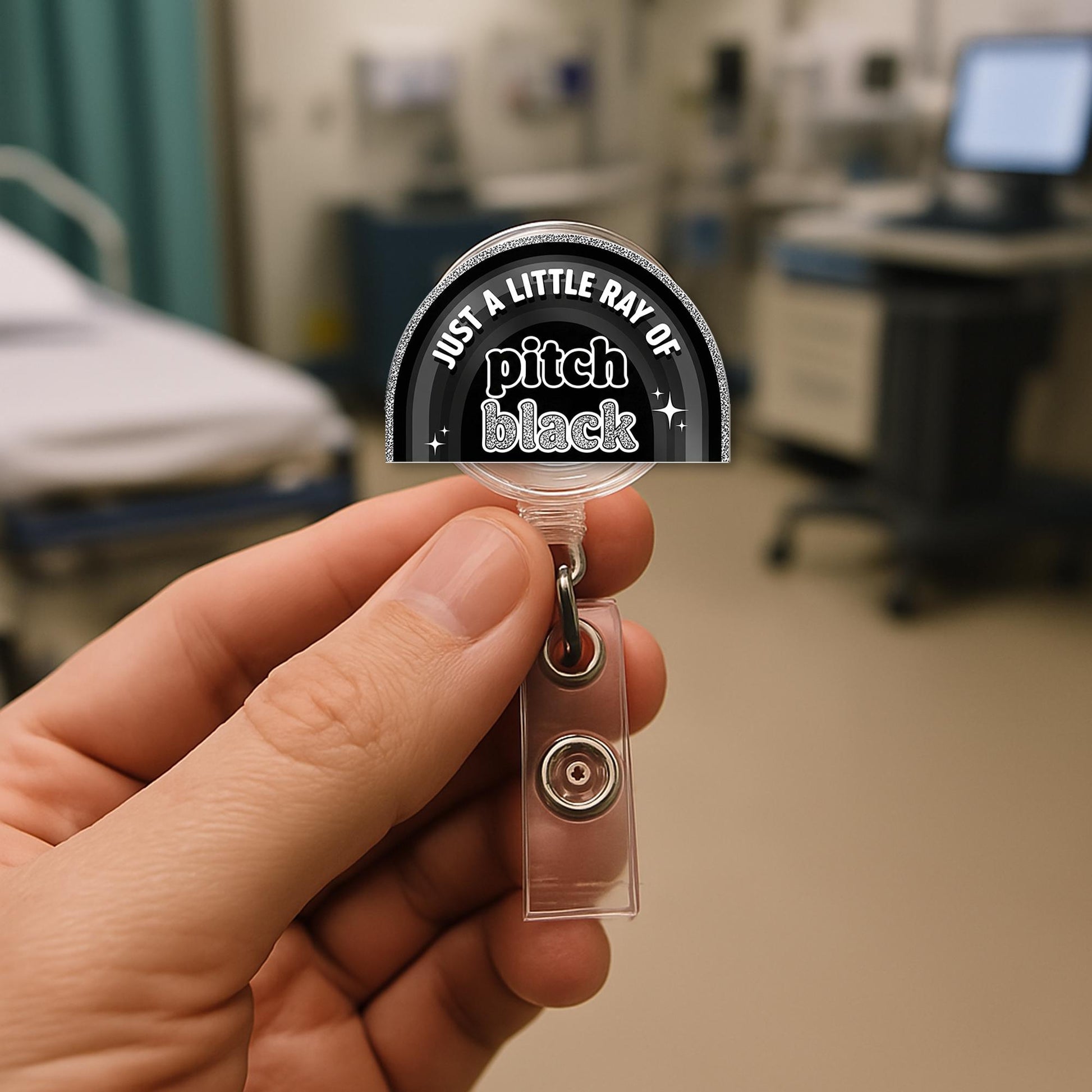 Funny Goth Badge Reel, Just a Little Ray of Pitch Black ID Holder, Dark Humor Clip for Nurses, Work Accessory with Attitude