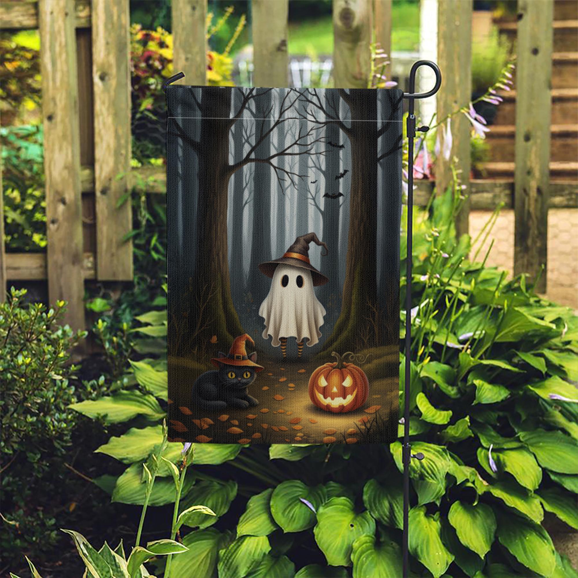 Halloween Garden Flag with Ghost Cat and Pumpkin – Spooky Fall Outdoor Yard Decor, Witch Hat Forest Scene, Autumn Welcome Sign