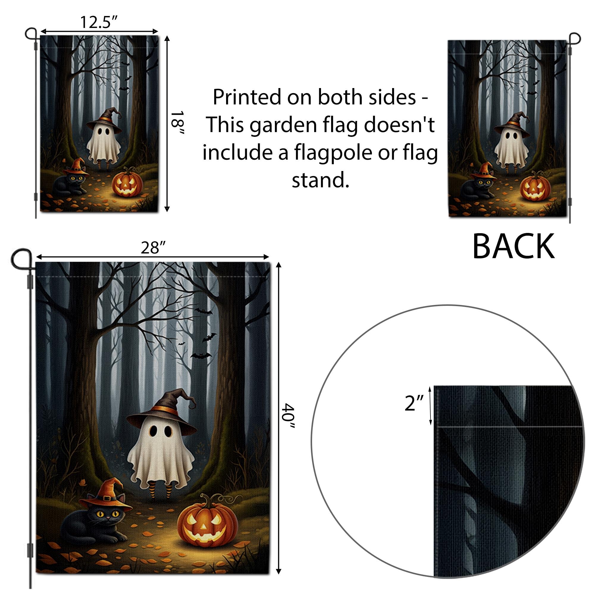 Halloween Garden Flag with Ghost Cat and Pumpkin – Spooky Fall Outdoor Yard Decor, Witch Hat Forest Scene, Autumn Welcome Sign