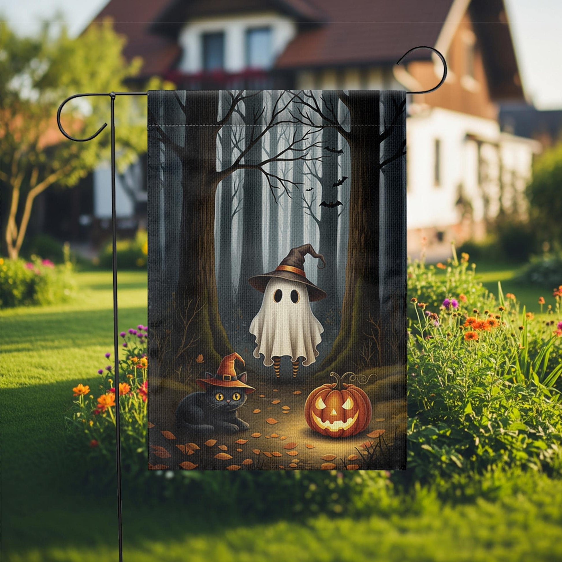 Halloween Garden Flag with Ghost Cat and Pumpkin – Spooky Fall Outdoor Yard Decor, Witch Hat Forest Scene, Autumn Welcome Sign
