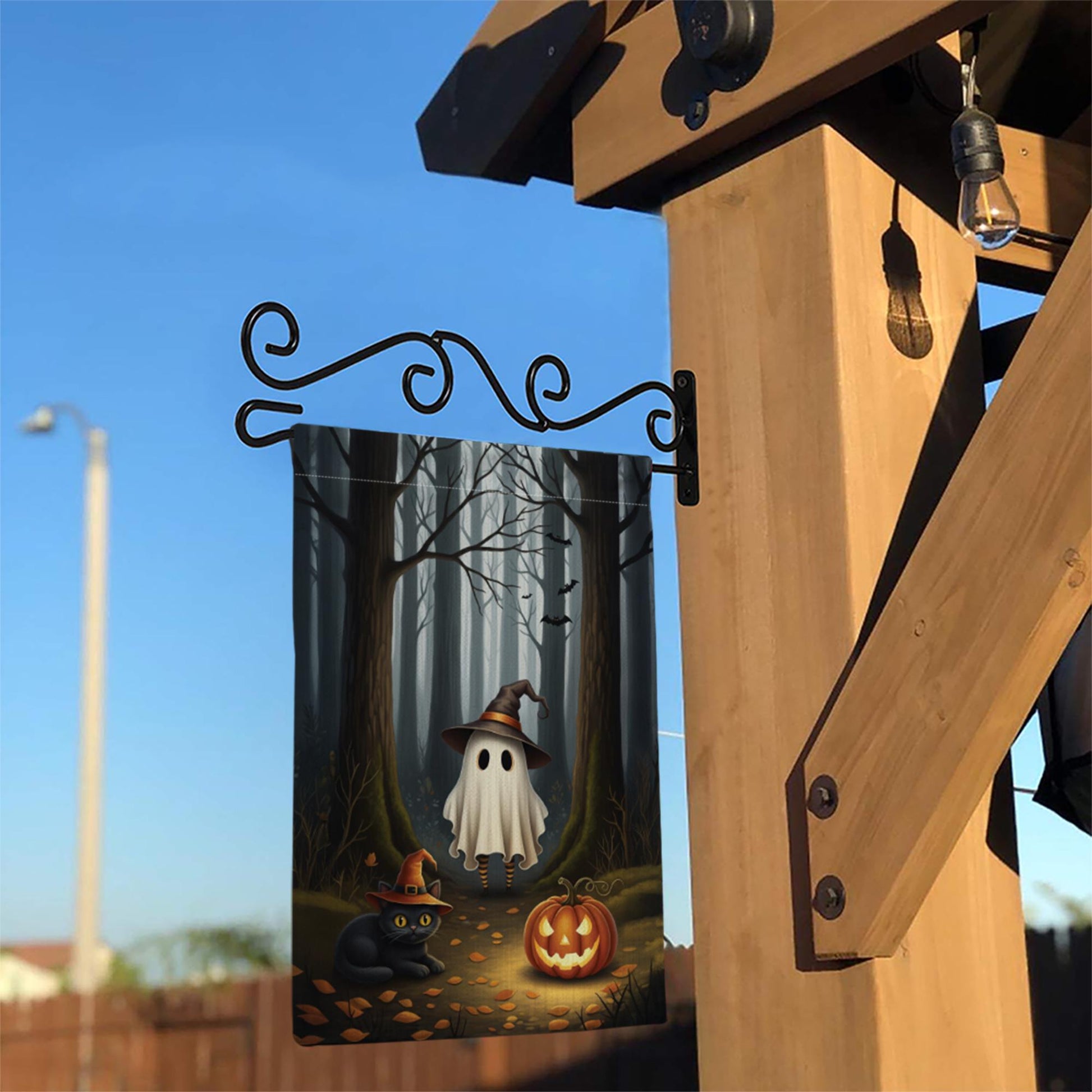 Halloween Garden Flag with Ghost Cat and Pumpkin – Spooky Fall Outdoor Yard Decor, Witch Hat Forest Scene, Autumn Welcome Sign