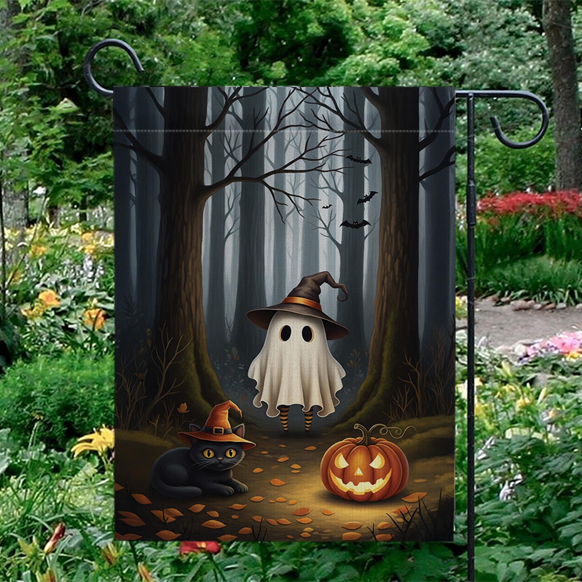 Halloween Garden Flag with Ghost Cat and Pumpkin – Spooky Fall Outdoor Yard Decor, Witch Hat Forest Scene, Autumn Welcome Sign