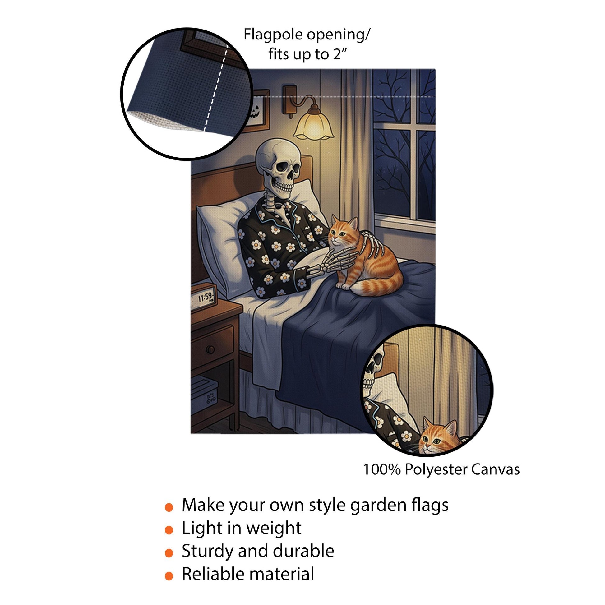 Funny Skeleton and Cat Garden Flag – Halloween Spooky Bedroom Decor, Cozy Skeleton Night Scene, Gothic Fall Outdoor Yard Banner