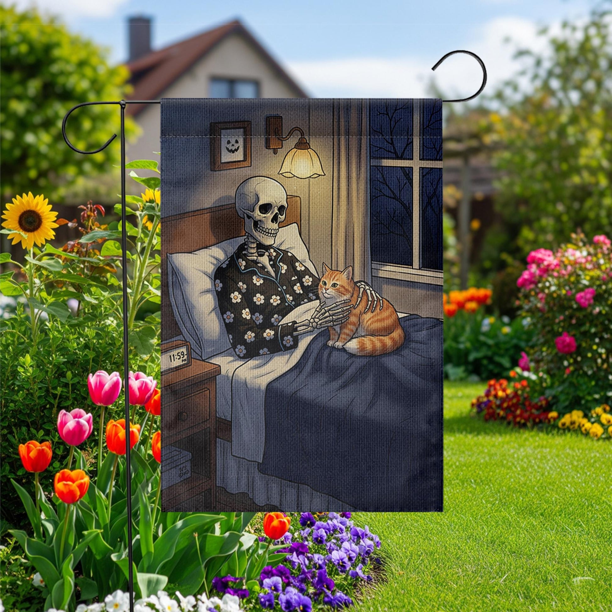 Funny Skeleton and Cat Garden Flag – Halloween Spooky Bedroom Decor, Cozy Skeleton Night Scene, Gothic Fall Outdoor Yard Banner