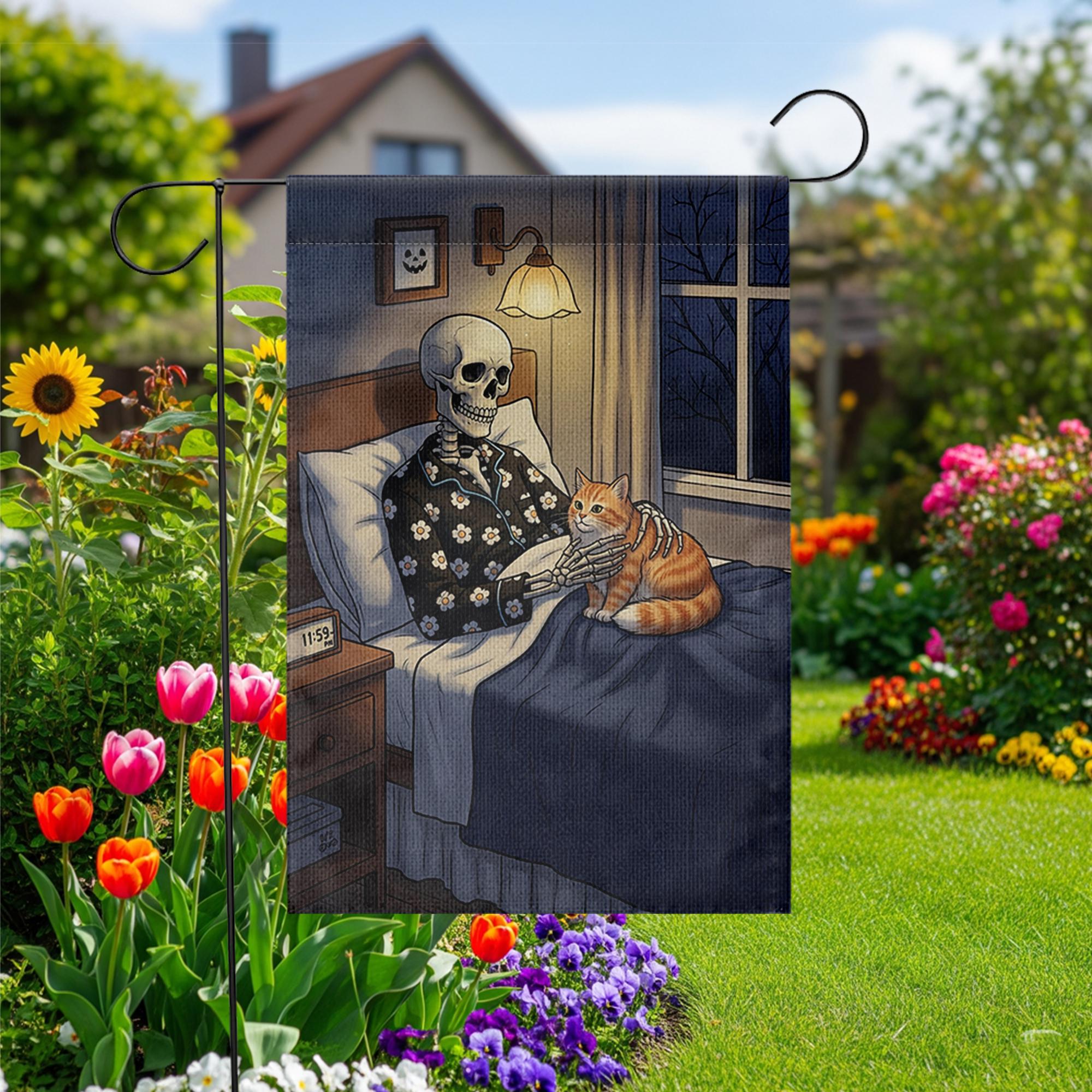 Funny Skeleton and Cat Garden Flag – Halloween Spooky Bedroom Decor, Cozy Skeleton Night Scene, Gothic Fall Outdoor Yard Banner