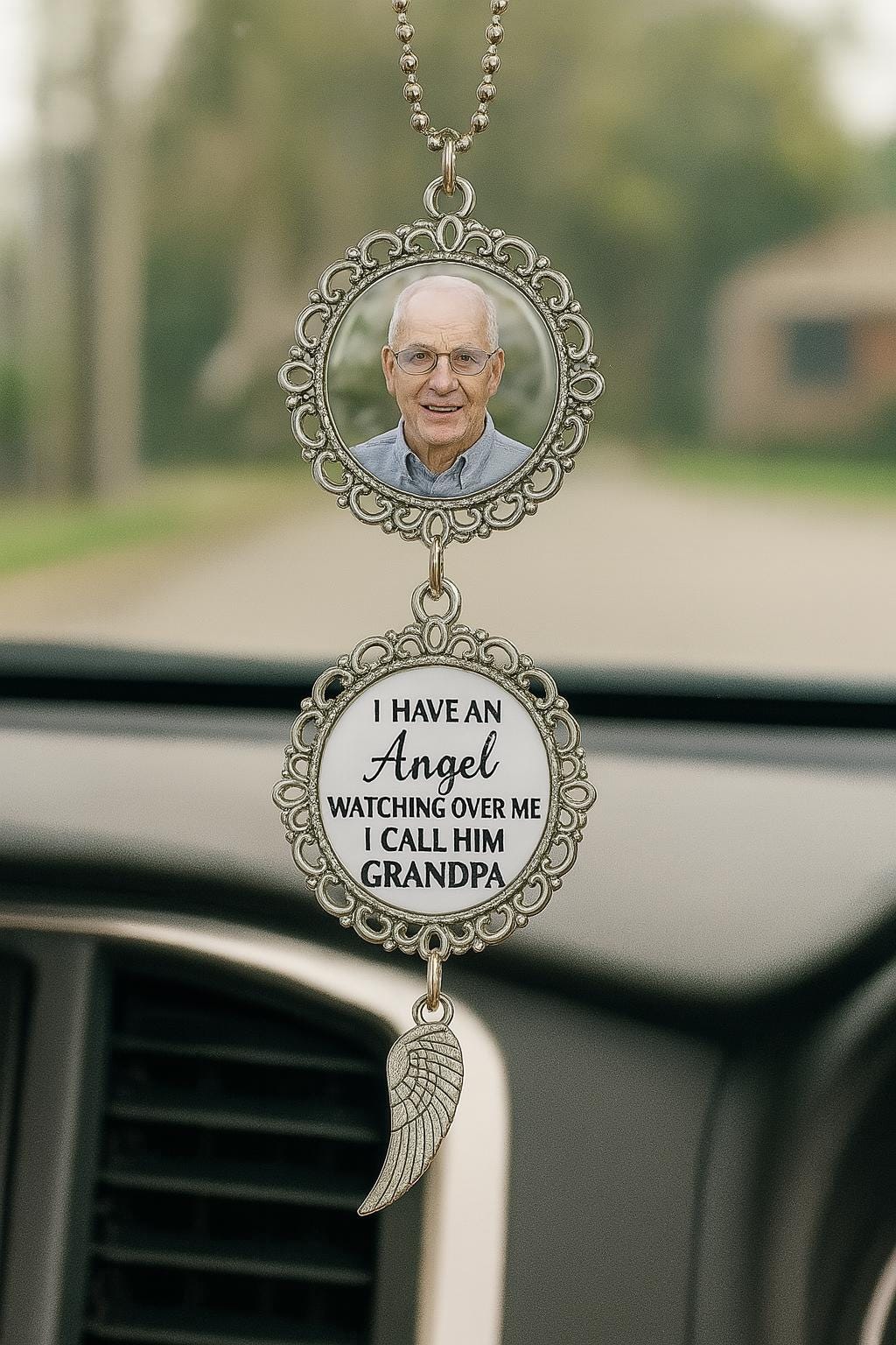 Custom Memorial Car Charm - Personalized Angel Rearview Mirror Photo Ornament - In Loving Memory Gift for Loss of Grandpa or Loved One