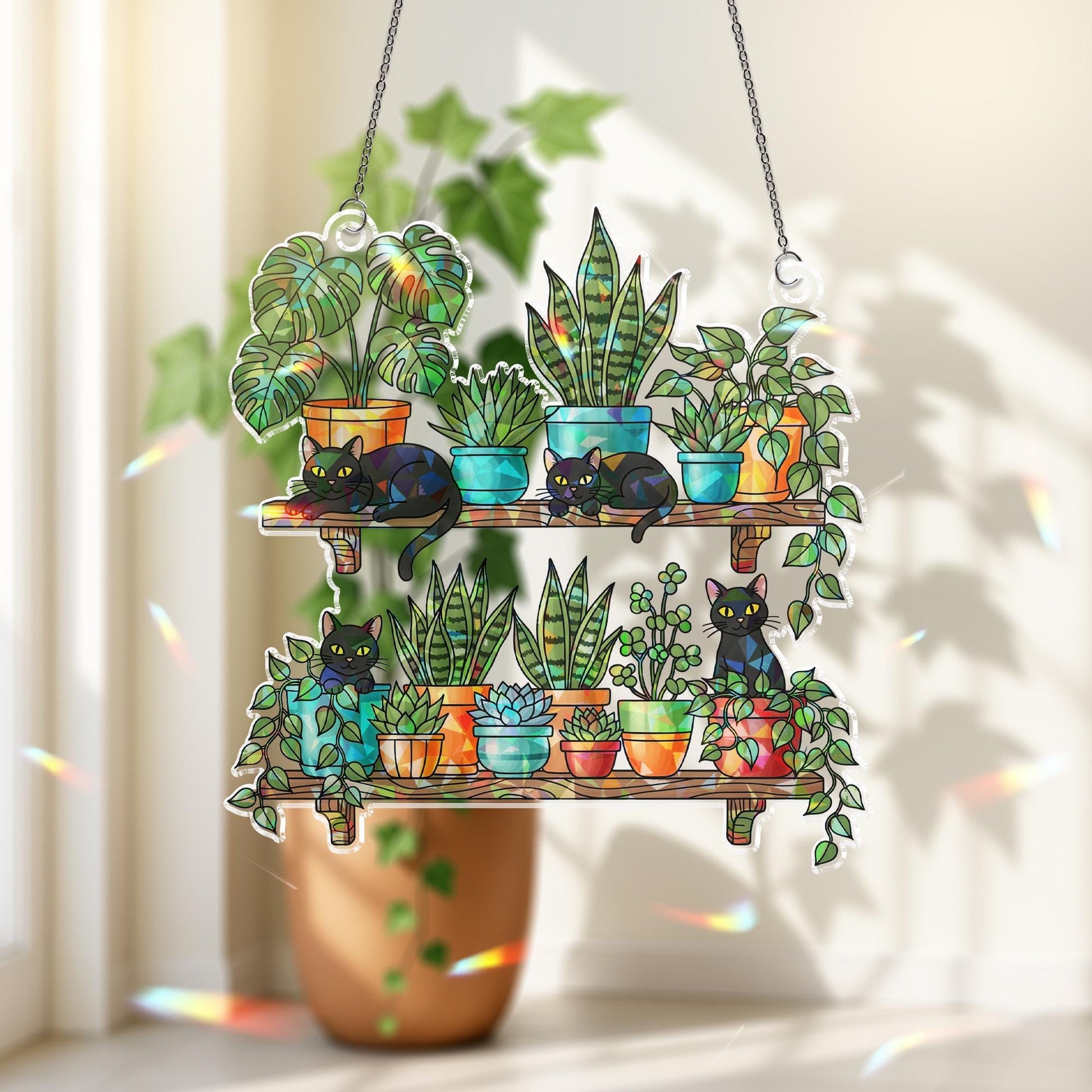 Black Cats and Plants Hologram Ornament – Cat Lover Window Decor, Hanging Shelf Garden Art, Boho Indoor Gift, Succulent Home Decor