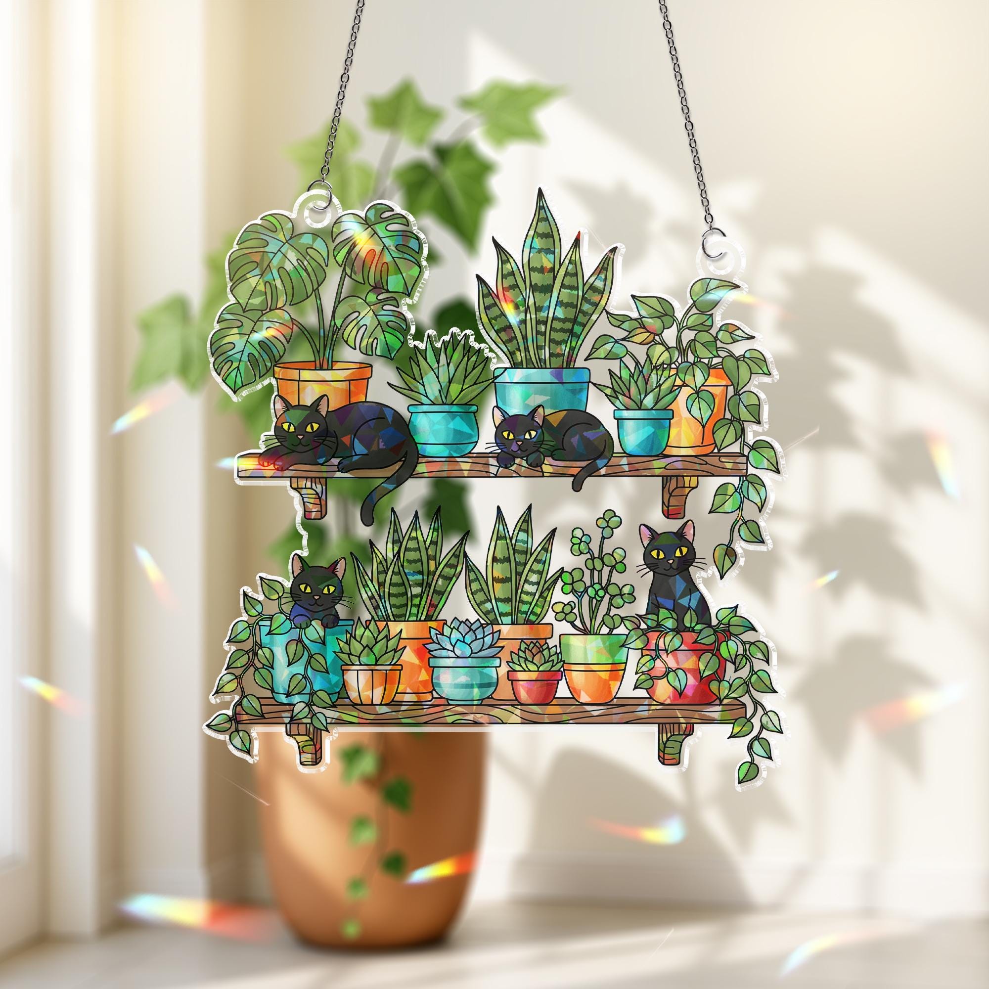 Black Cats and Plants Hologram Ornament – Cat Lover Window Decor, Hanging Shelf Garden Art, Boho Indoor Gift, Succulent Home Decor