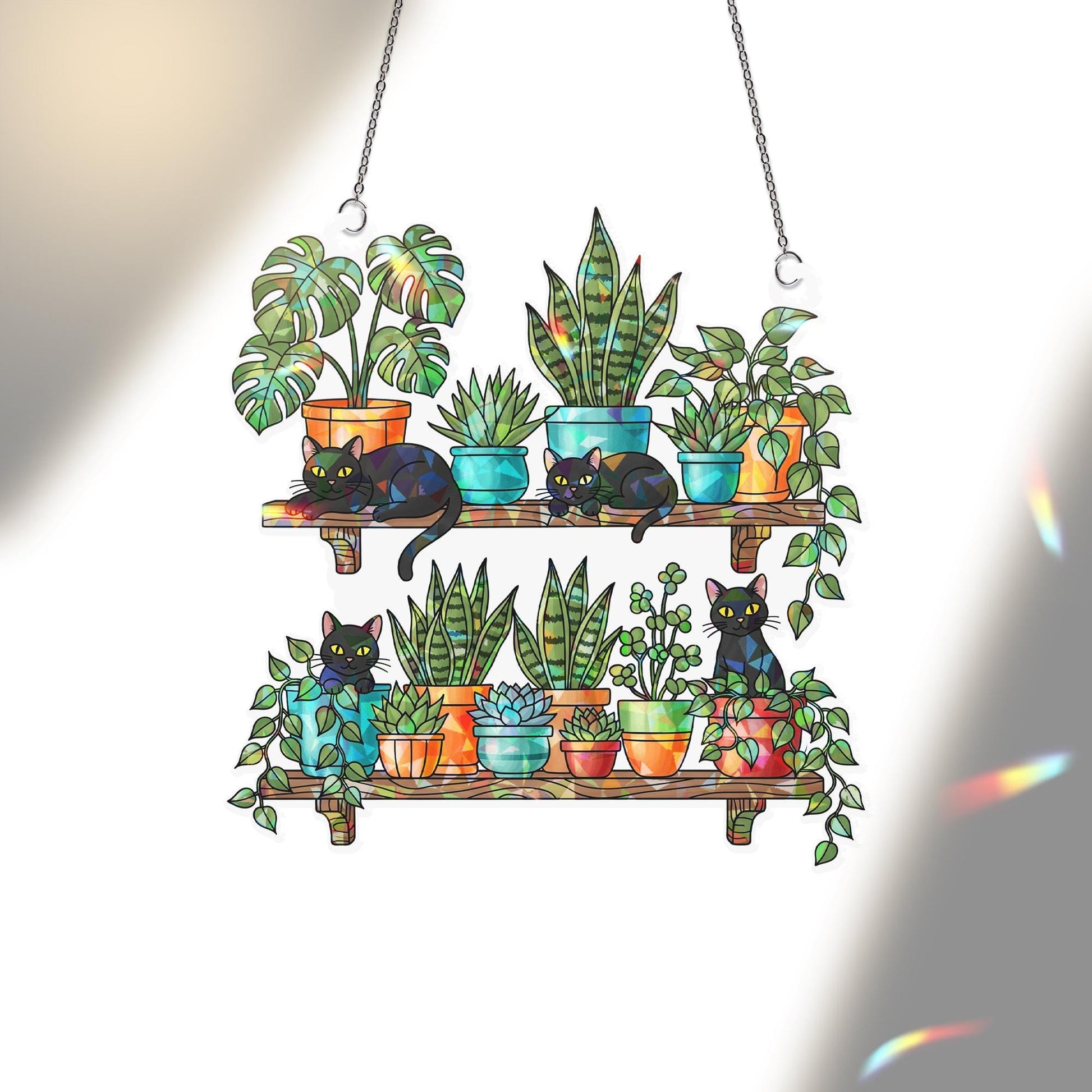 Black Cats and Plants Hologram Ornament – Cat Lover Window Decor, Hanging Shelf Garden Art, Boho Indoor Gift, Succulent Home Decor