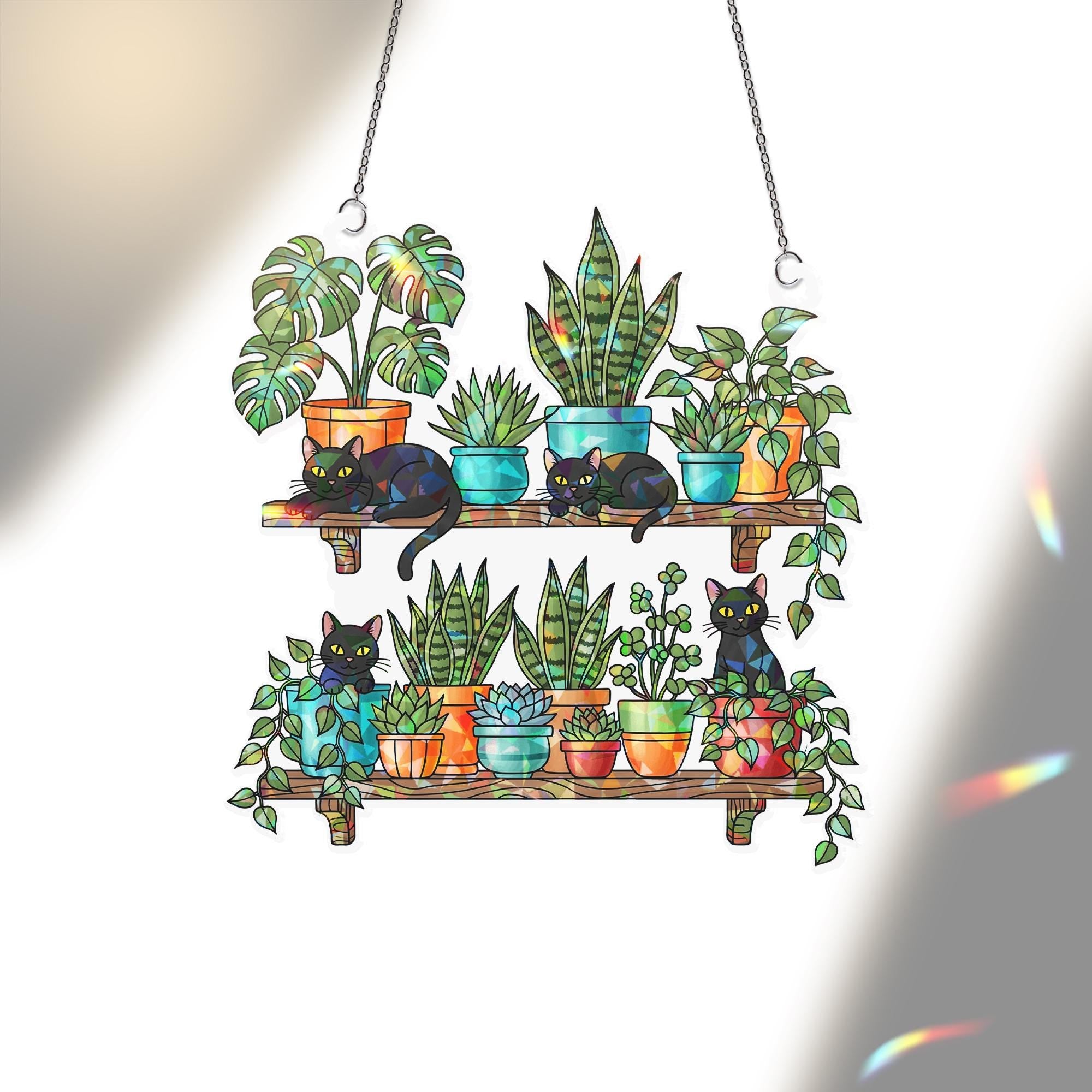 Black Cats and Plants Hologram Ornament – Cat Lover Window Decor, Hanging Shelf Garden Art, Boho Indoor Gift, Succulent Home Decor