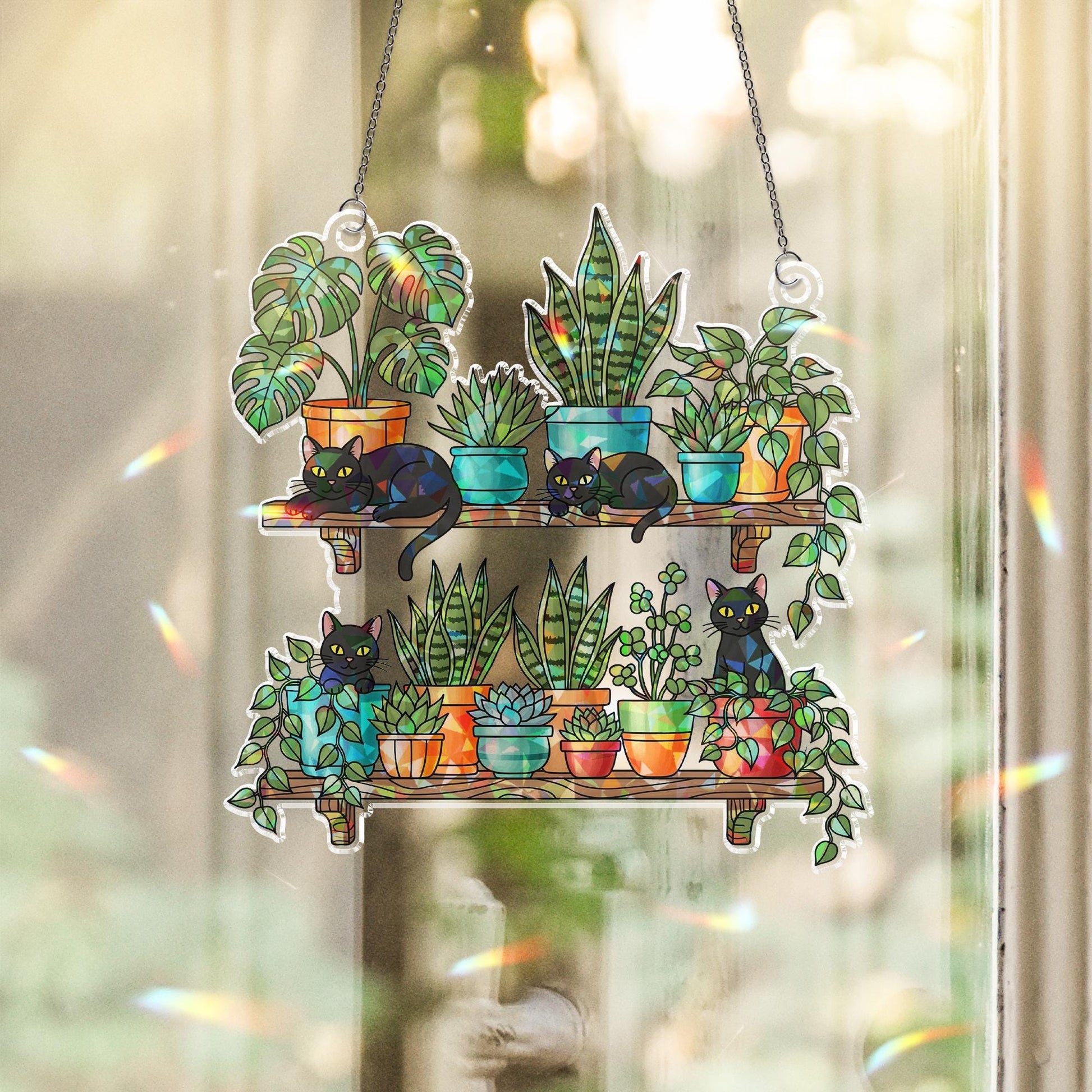 Black Cats and Plants Hologram Ornament – Cat Lover Window Decor, Hanging Shelf Garden Art, Boho Indoor Gift, Succulent Home Decor