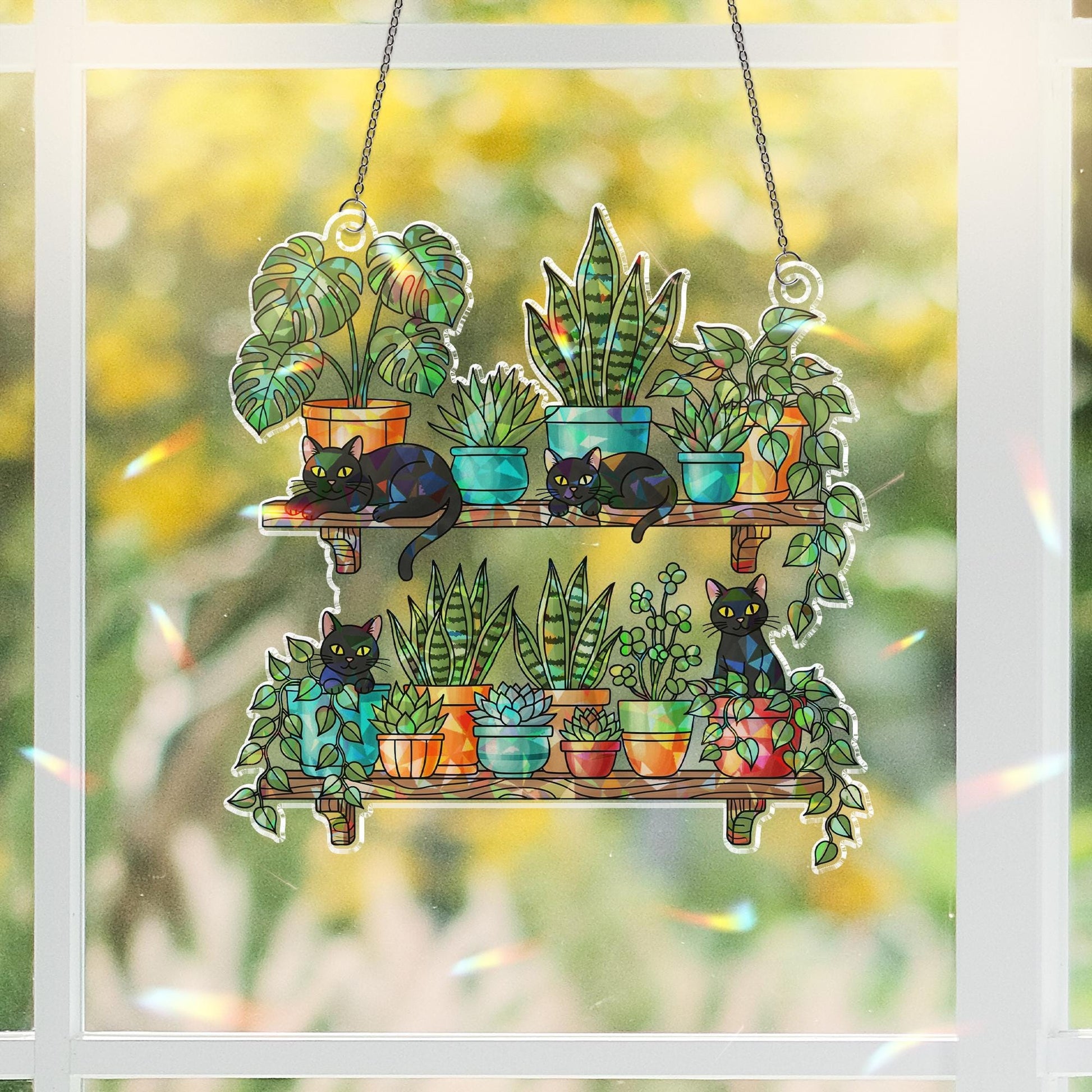 Black Cats and Plants Hologram Ornament – Cat Lover Window Decor, Hanging Shelf Garden Art, Boho Indoor Gift, Succulent Home Decor