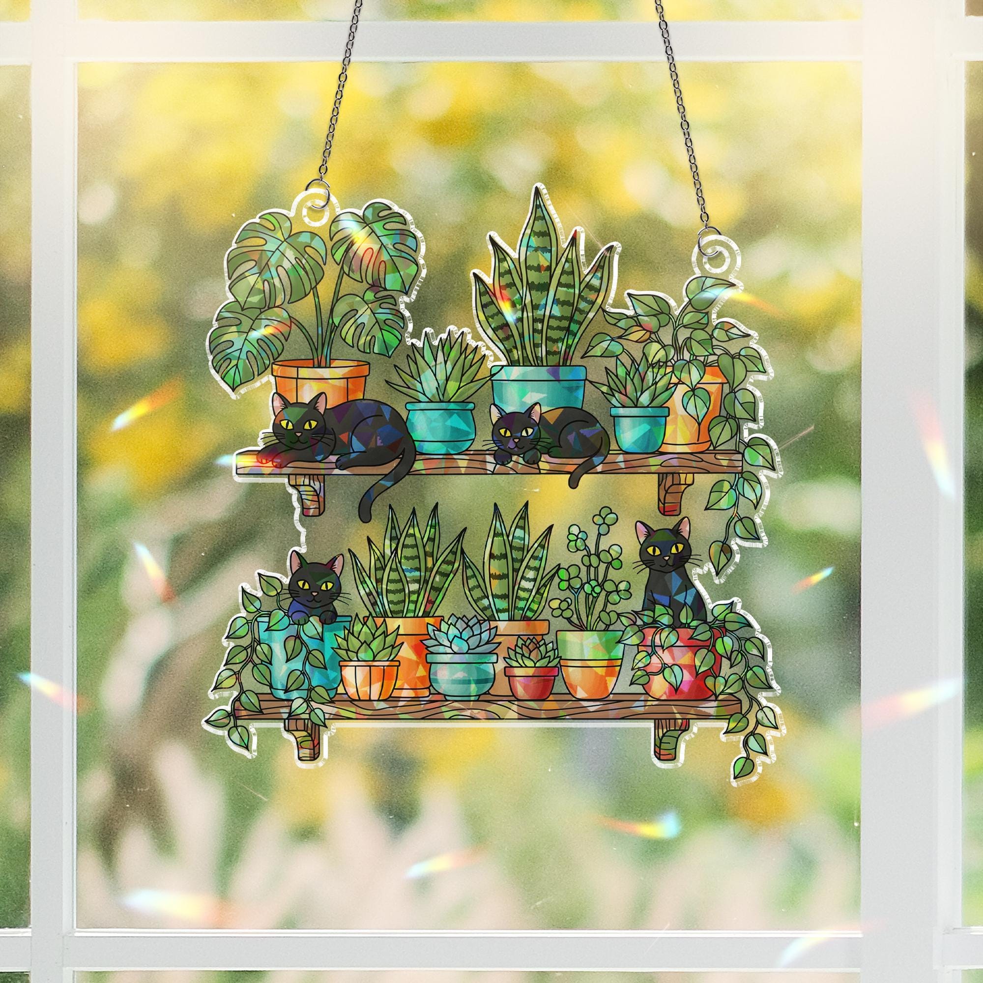 Black Cats and Plants Hologram Ornament – Cat Lover Window Decor, Hanging Shelf Garden Art, Boho Indoor Gift, Succulent Home Decor