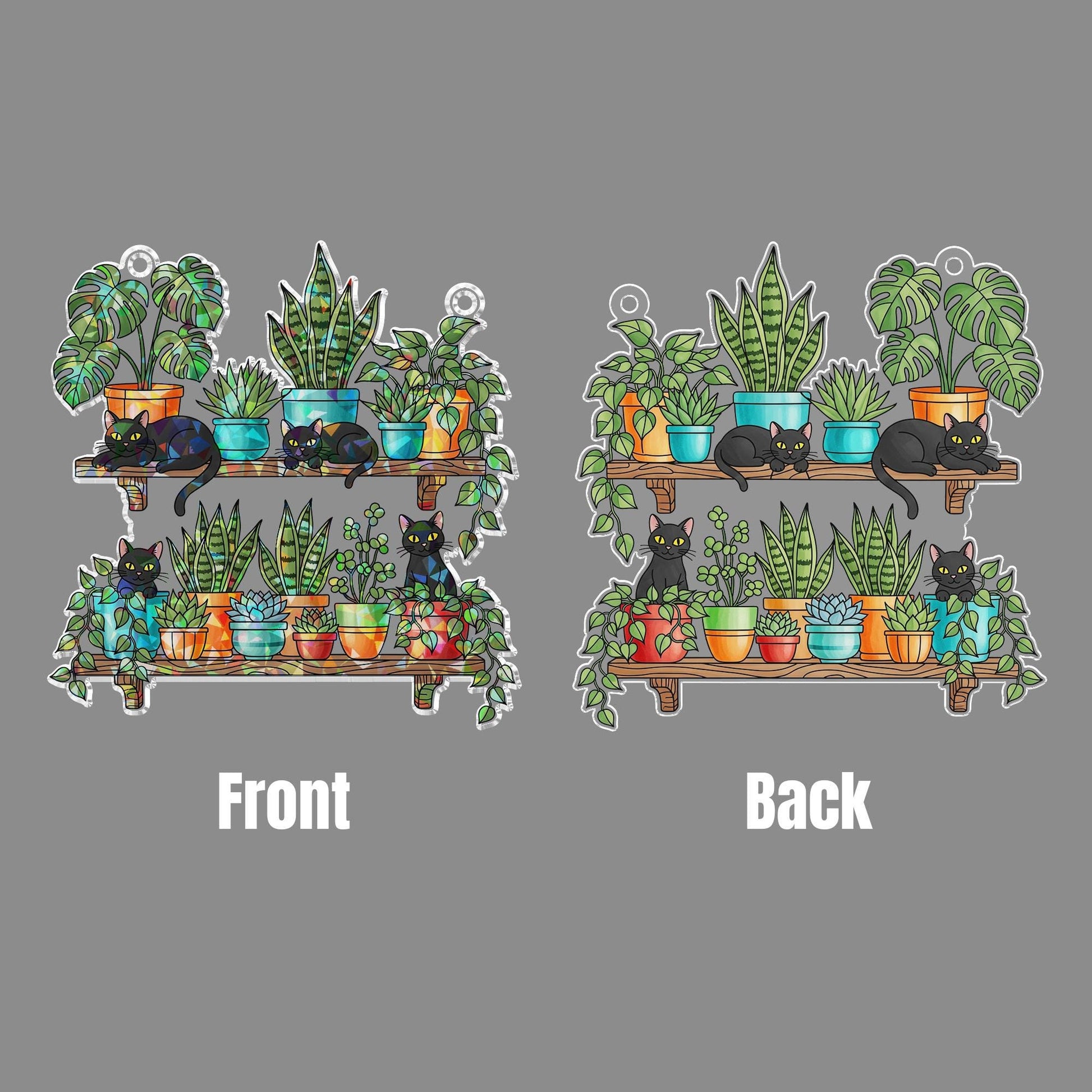 Black Cats and Plants Hologram Ornament – Cat Lover Window Decor, Hanging Shelf Garden Art, Boho Indoor Gift, Succulent Home Decor