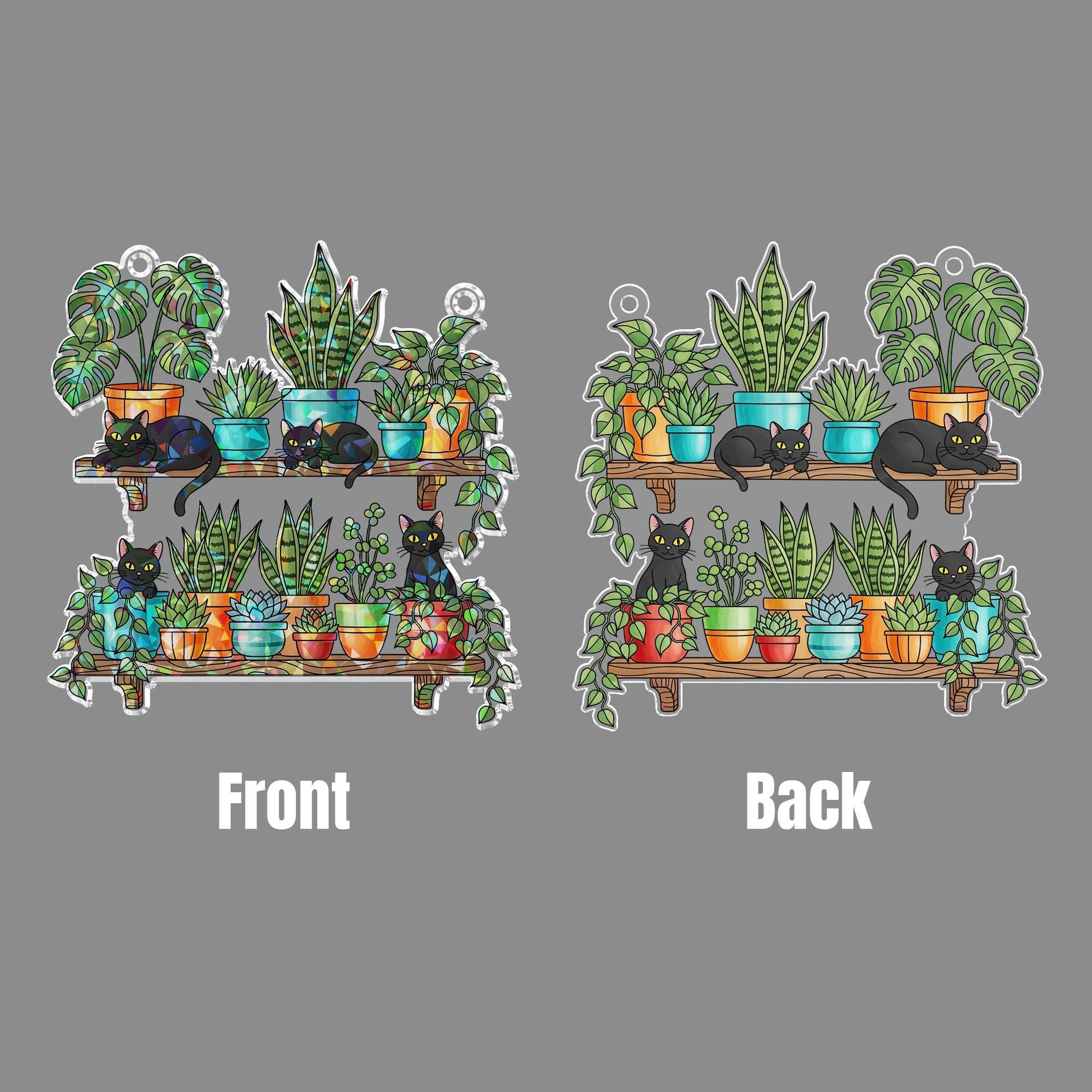 Black Cats and Plants Hologram Ornament – Cat Lover Window Decor, Hanging Shelf Garden Art, Boho Indoor Gift, Succulent Home Decor