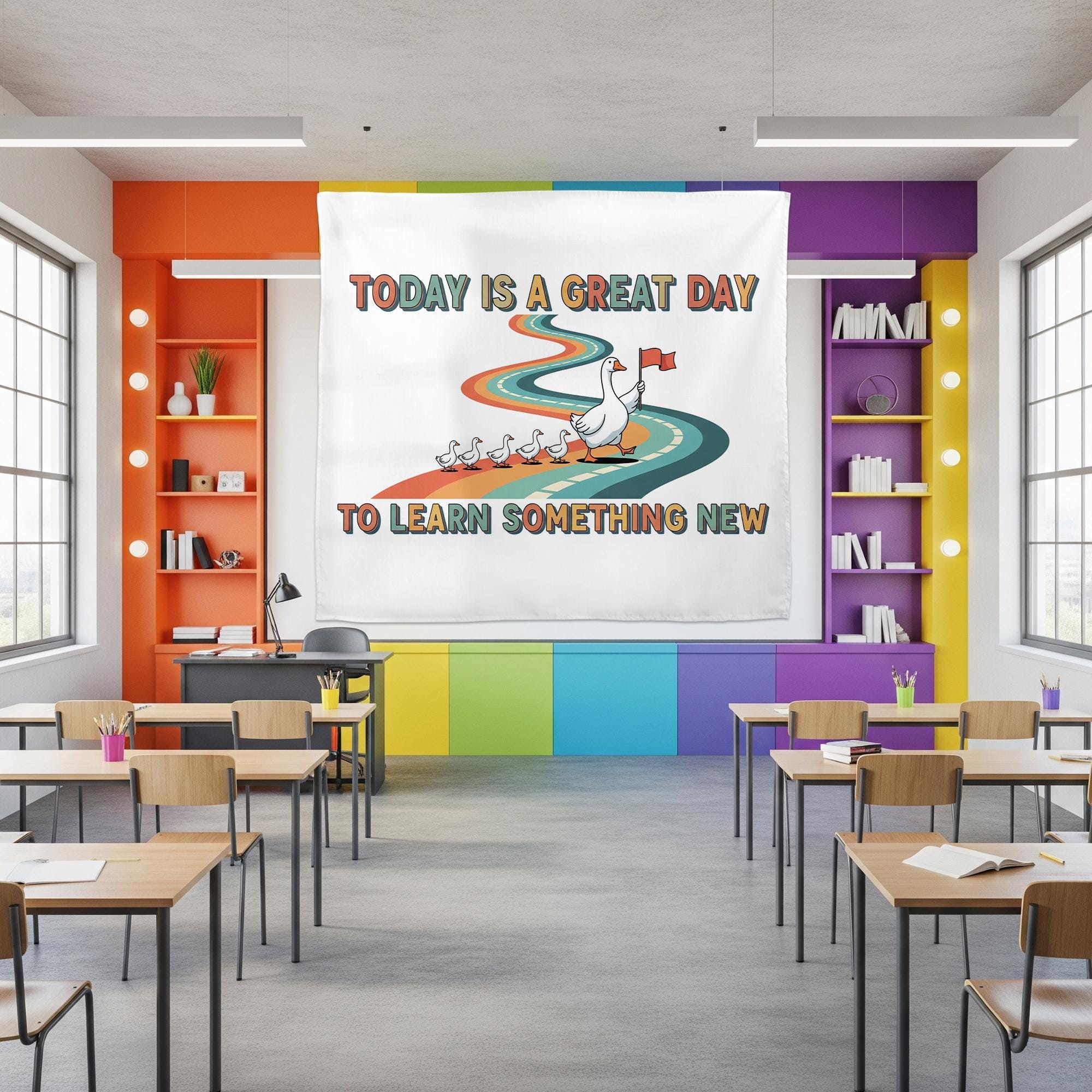 Today Is a Great Day to Learn Something New Goose Classroom Tapestry – Cute Teacher Wall Decor, Inspirational School Banner