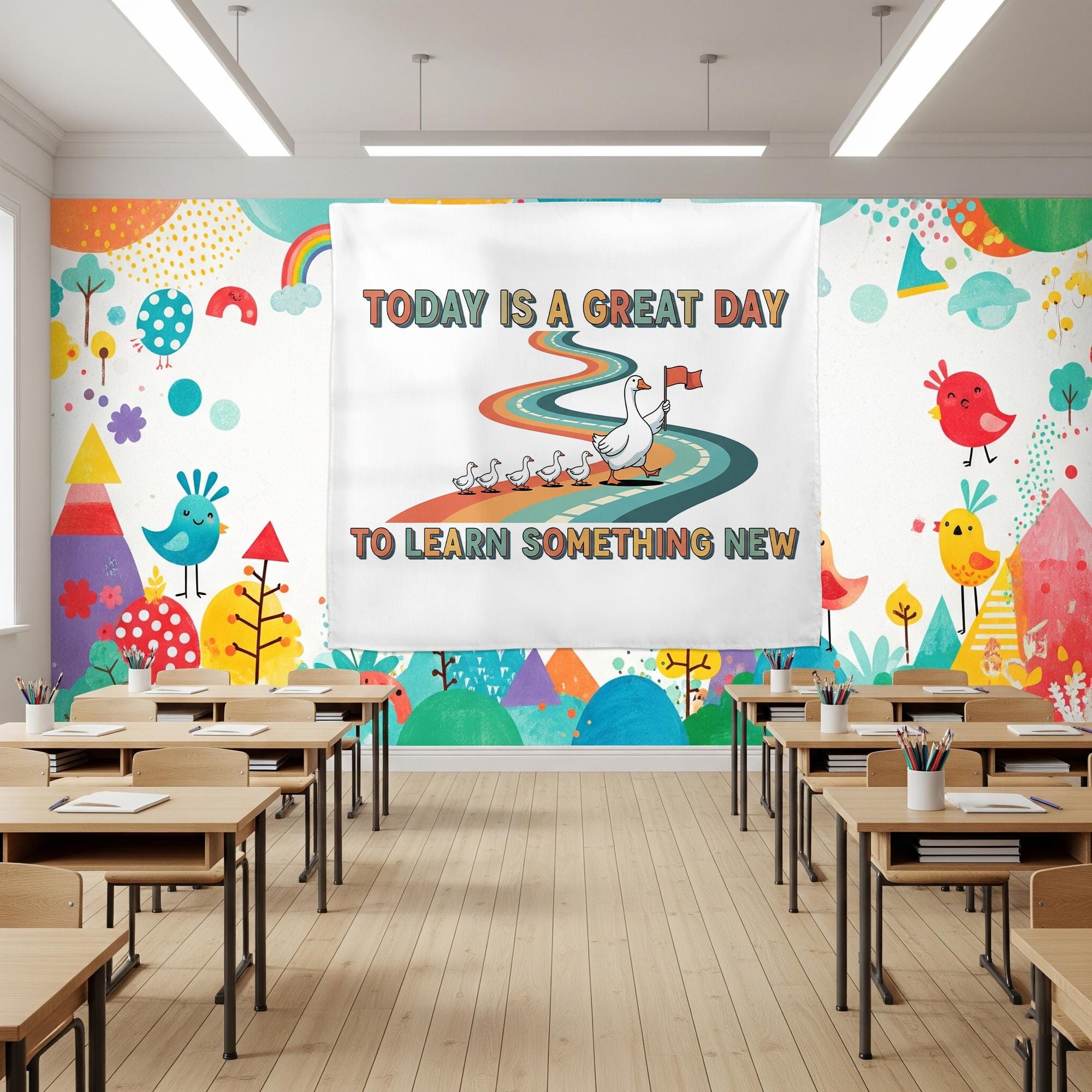 Today Is a Great Day to Learn Something New Goose Classroom Tapestry – Cute Teacher Wall Decor, Inspirational School Banner