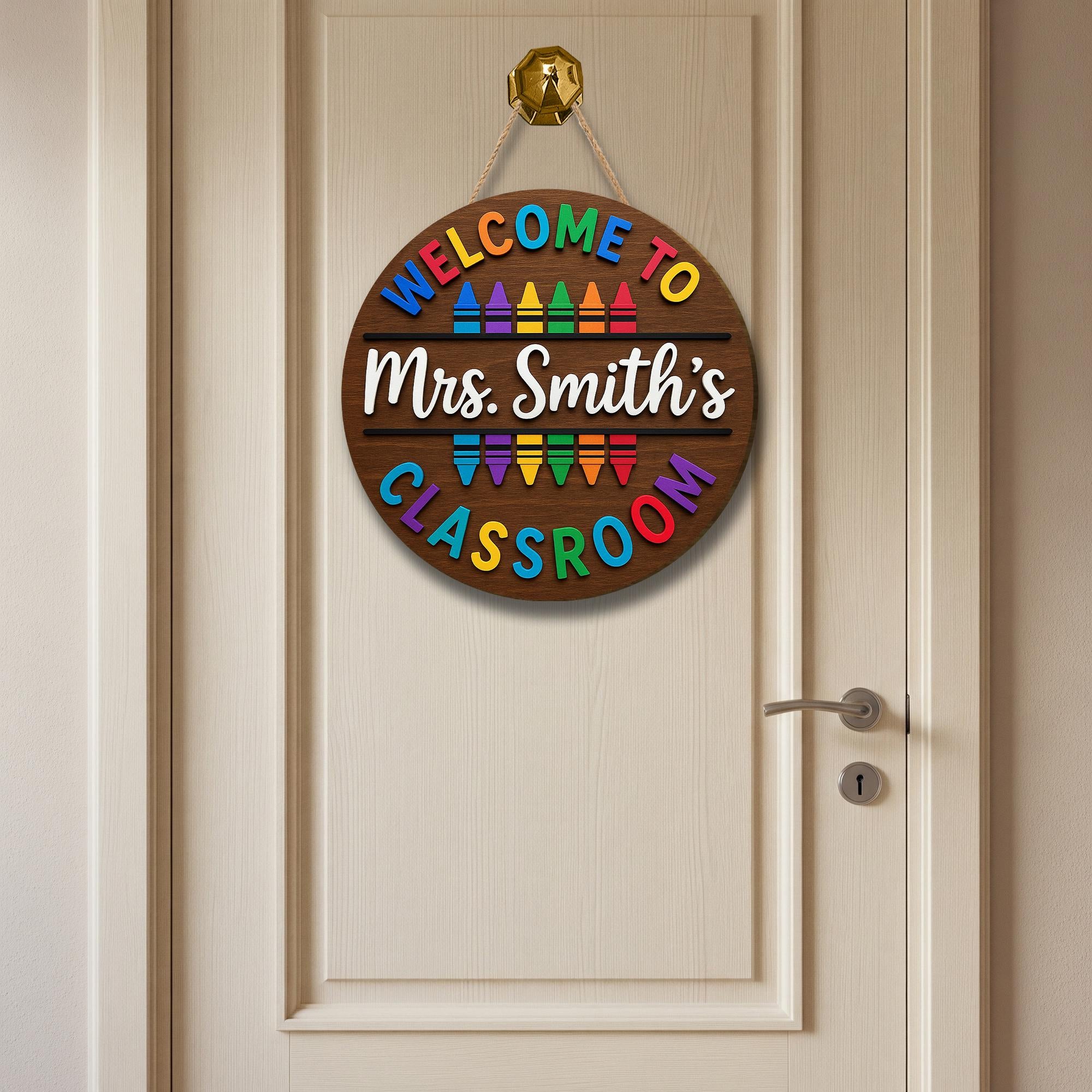 Welcome to Classroom Sign, 3D Crayon Teacher Door Hanger, Custom Wooden School Decor, Back to School Gift, Rainbow Name Sign