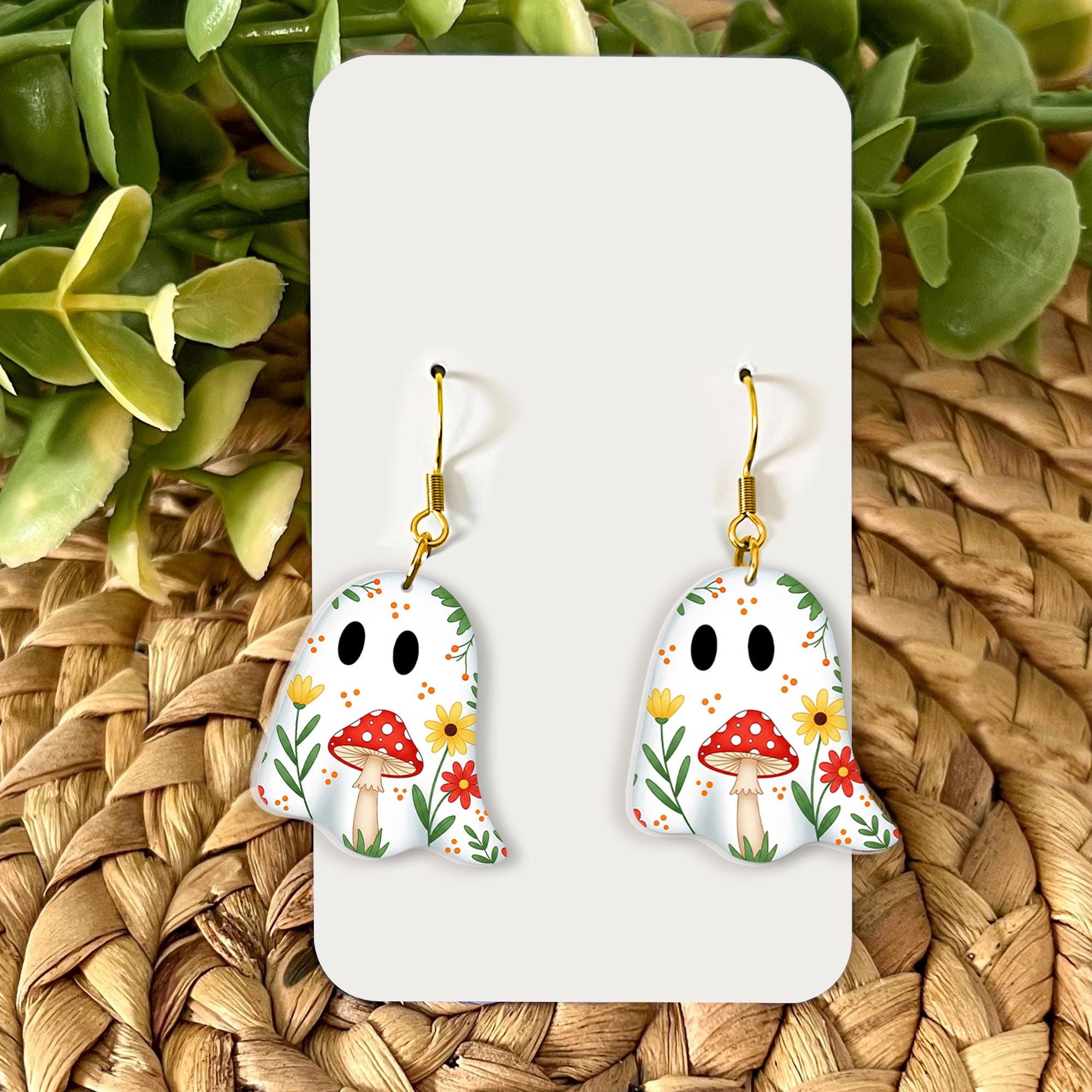 Floral Ghost Earrings with Mushrooms – Cute Halloween Fall Dangle Earrings, Cottagecore Spooky Jewelry, Boho Ghost Accessory, Mushroom Art
