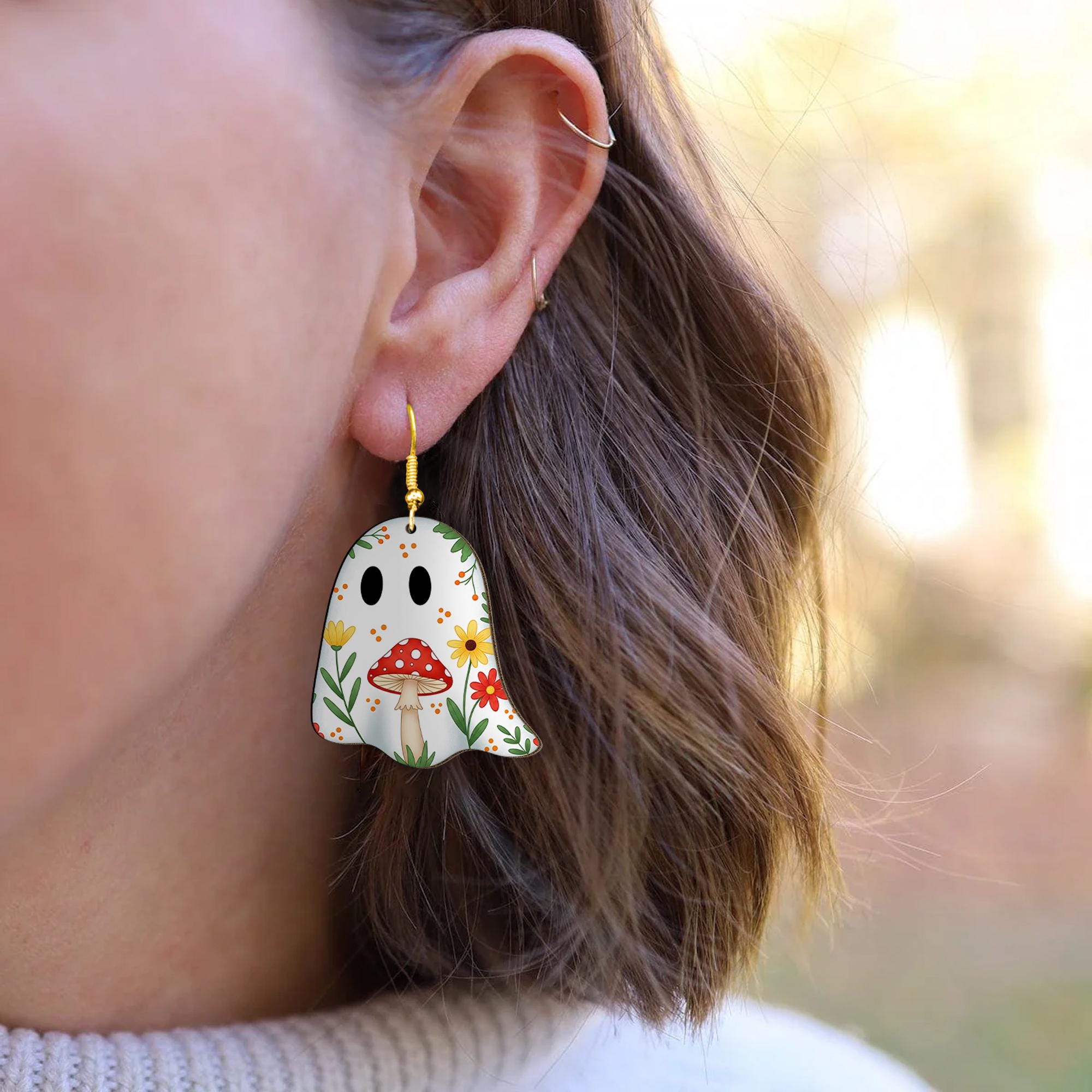 Floral Ghost Earrings with Mushrooms – Cute Halloween Fall Dangle Earrings, Cottagecore Spooky Jewelry, Boho Ghost Accessory, Mushroom Art
