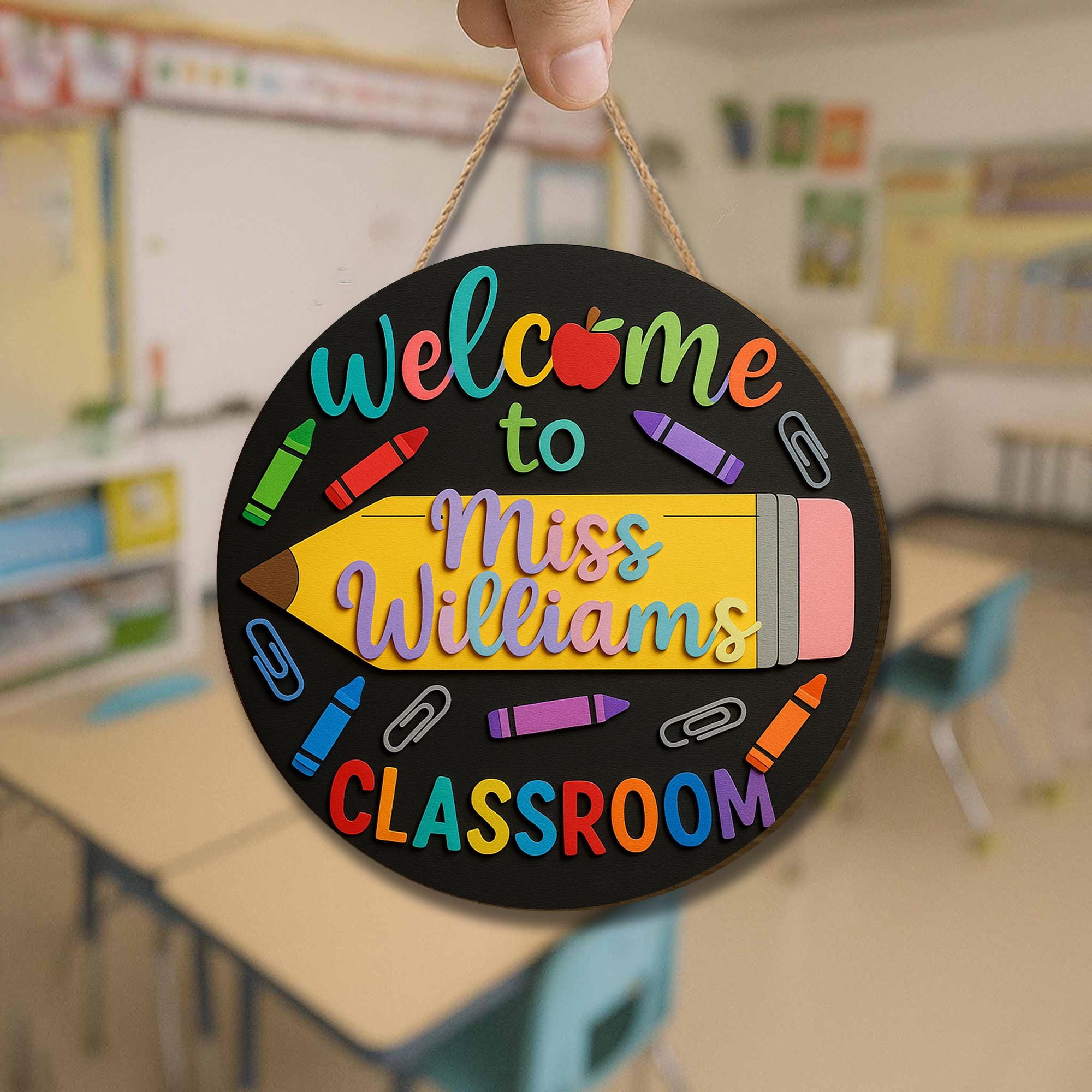 Welcome to Classroom Sign, 3D Wooden Teacher Door Hanger, Crayon Pencil Decor, Custom Name Back to School Sign, Preschool Room Gift