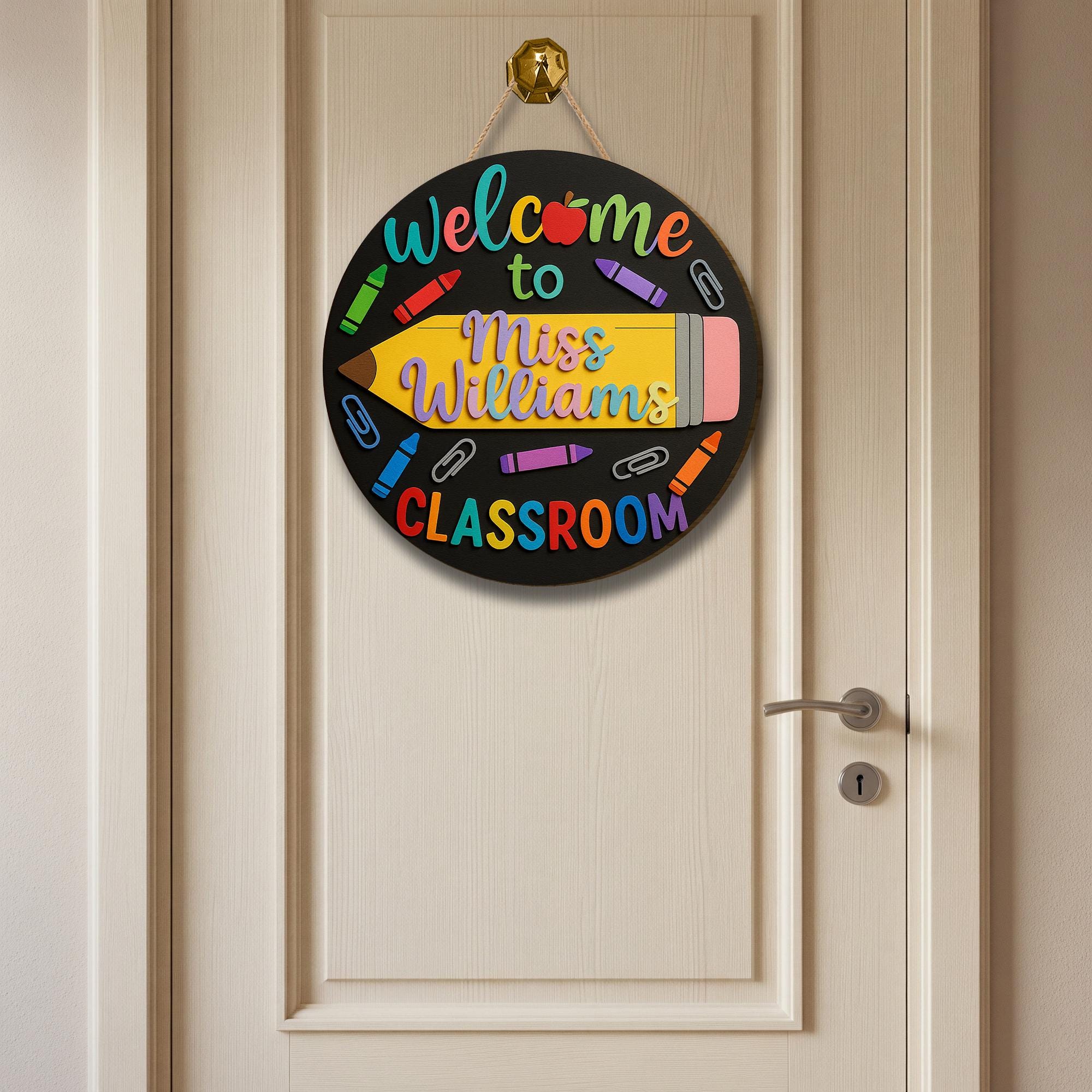 Welcome to Classroom Sign, 3D Wooden Teacher Door Hanger, Crayon Pencil Decor, Custom Name Back to School Sign, Preschool Room Gift