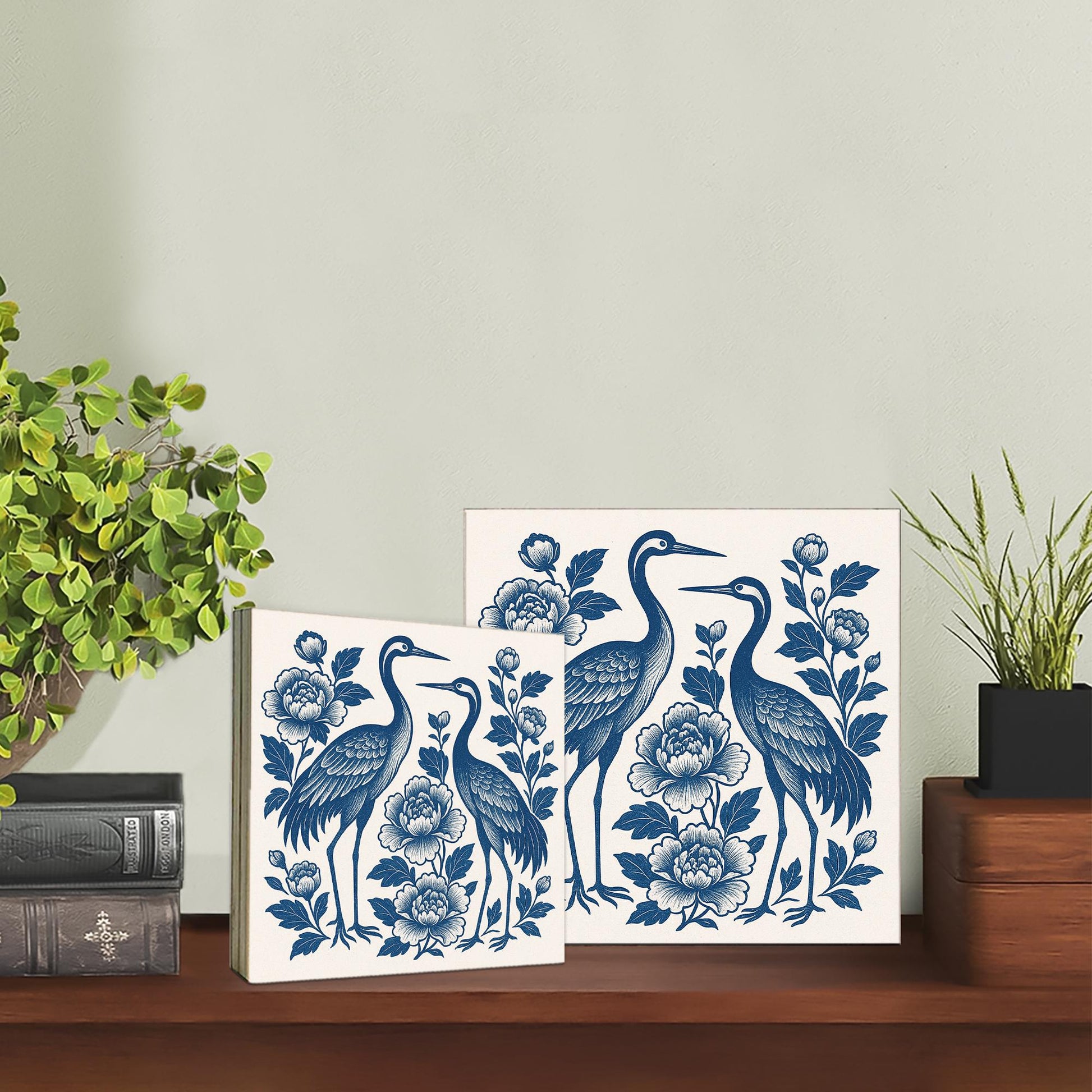 Chinoiserie Crane Wooden Block, Blue and White Bird Floral Decor, Elegant Asian Style Art, Bathroom Shelf Sign, Oriental Wall Accent
