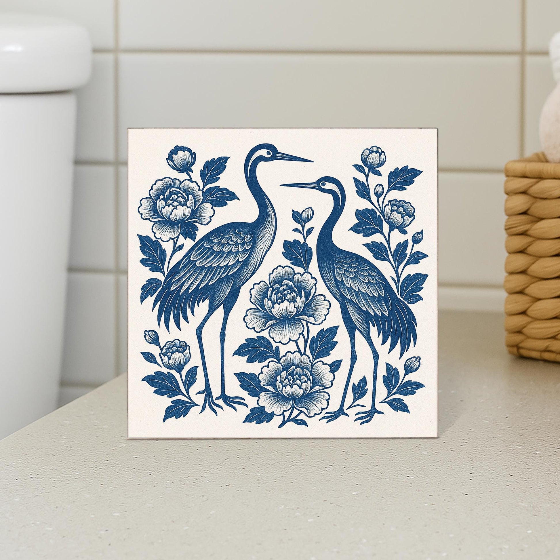Chinoiserie Crane Wooden Block, Blue and White Bird Floral Decor, Elegant Asian Style Art, Bathroom Shelf Sign, Oriental Wall Accent