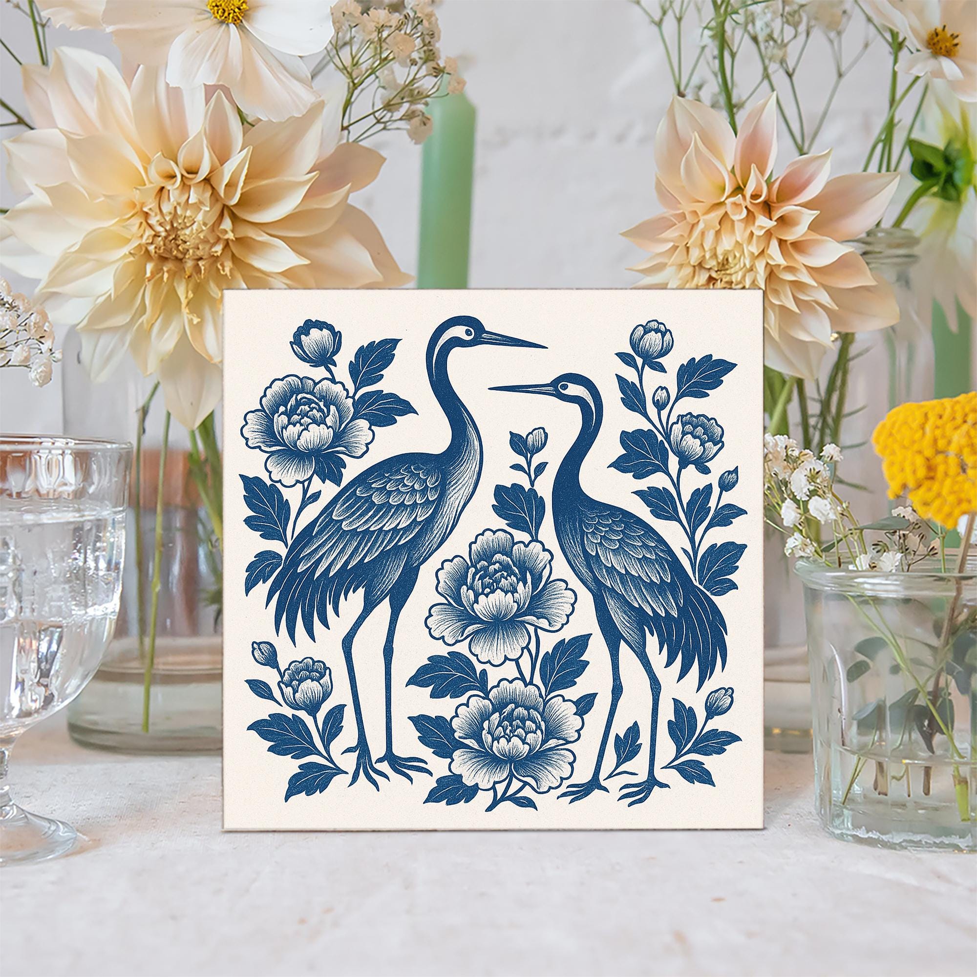 Chinoiserie Crane Wooden Block, Blue and White Bird Floral Decor, Elegant Asian Style Art, Bathroom Shelf Sign, Oriental Wall Accent