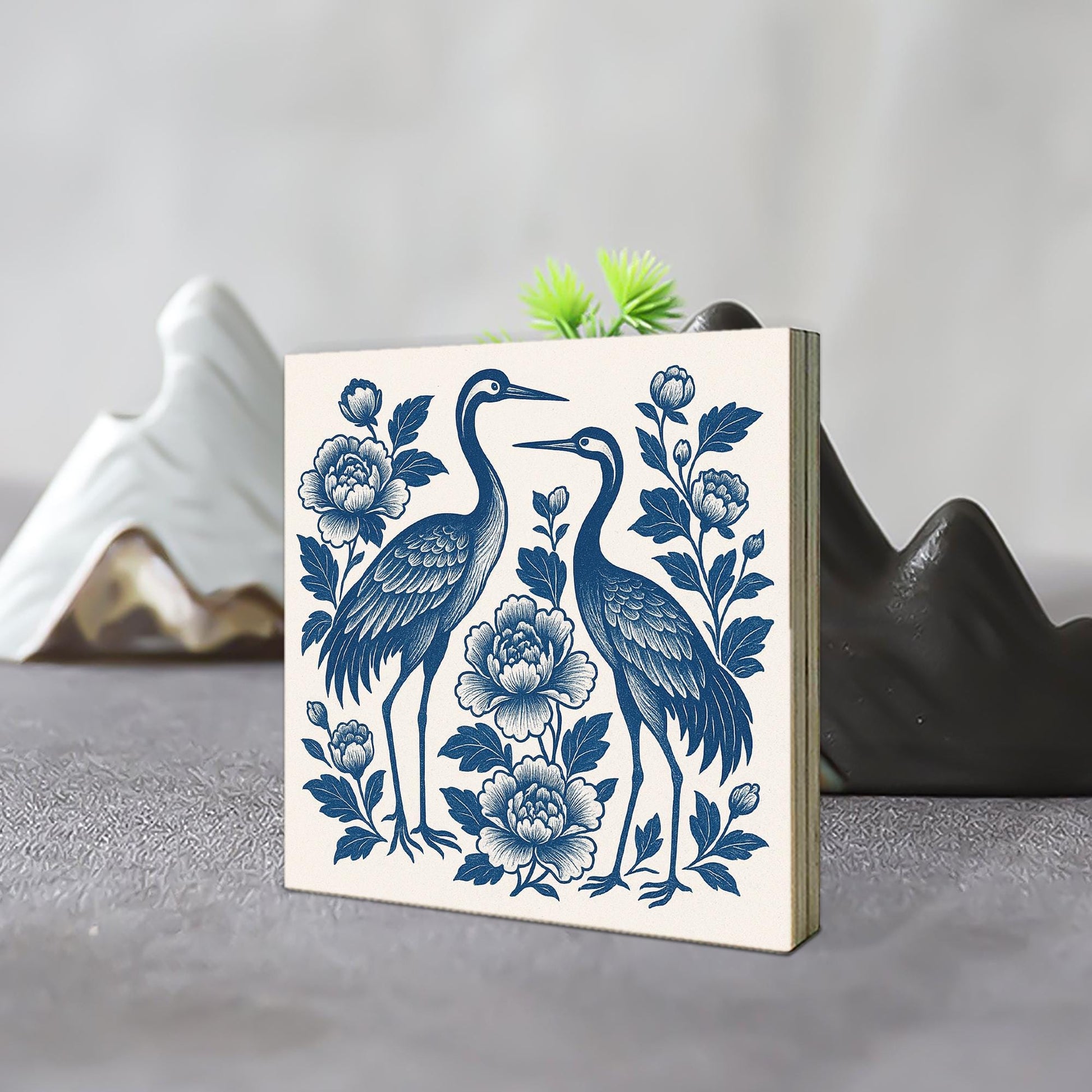 Chinoiserie Crane Wooden Block, Blue and White Bird Floral Decor, Elegant Asian Style Art, Bathroom Shelf Sign, Oriental Wall Accent