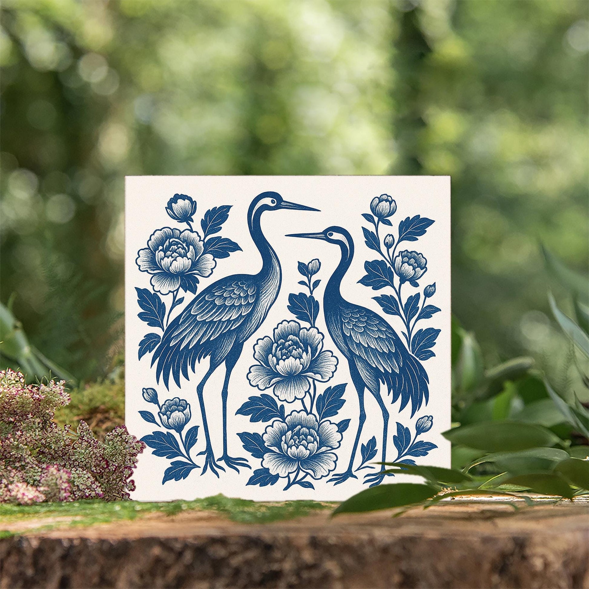 Chinoiserie Crane Wooden Block, Blue and White Bird Floral Decor, Elegant Asian Style Art, Bathroom Shelf Sign, Oriental Wall Accent