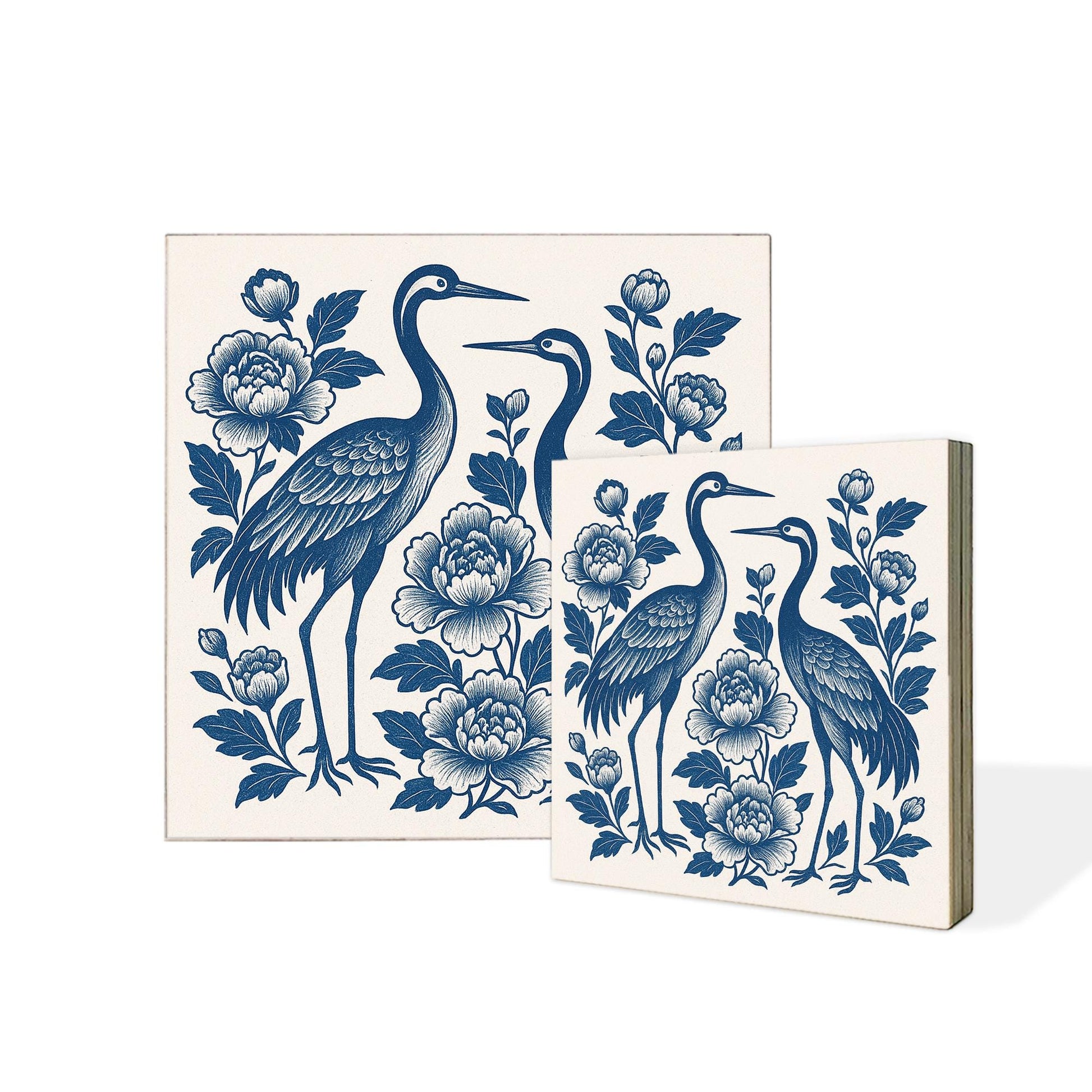 Chinoiserie Crane Wooden Block, Blue and White Bird Floral Decor, Elegant Asian Style Art, Bathroom Shelf Sign, Oriental Wall Accent