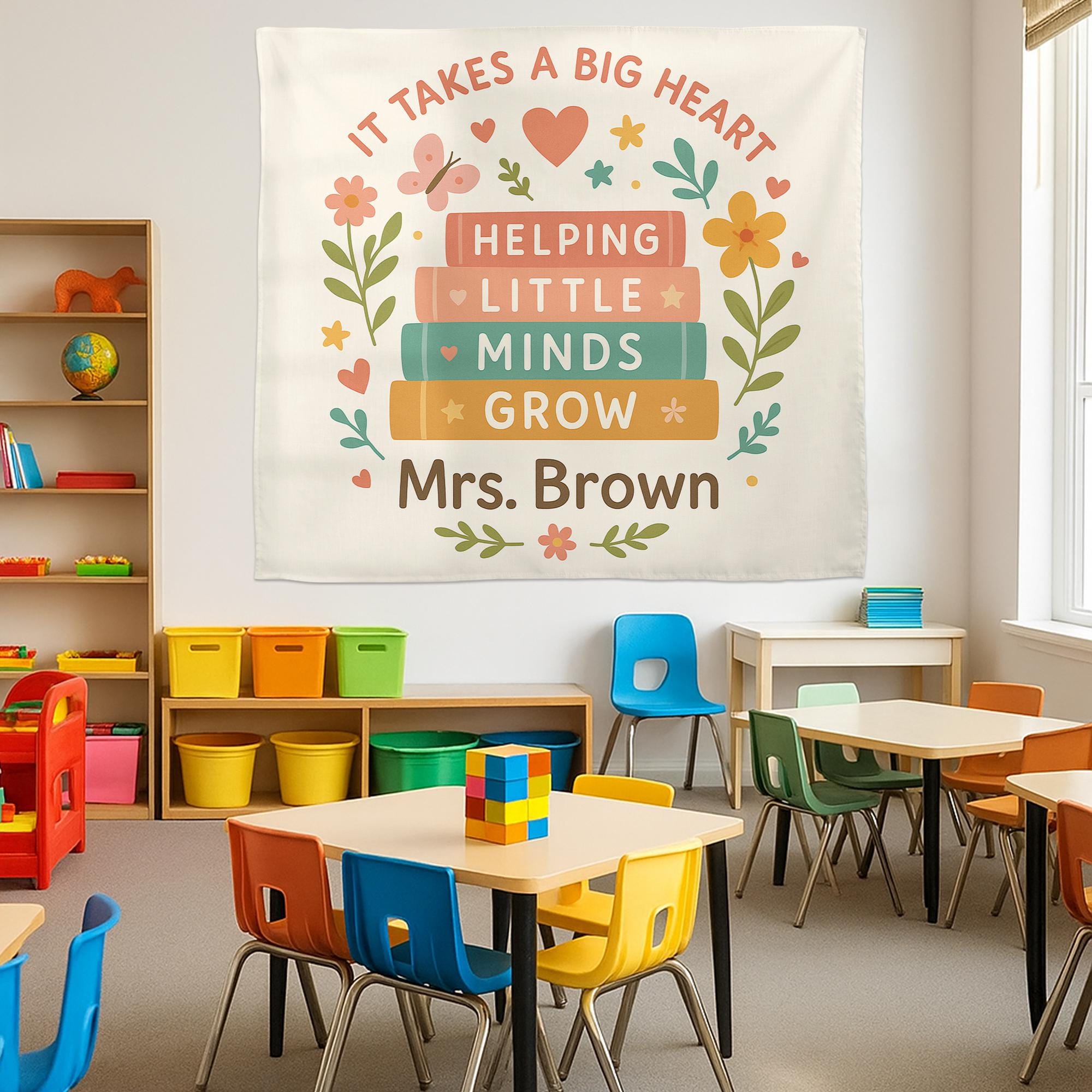 Personalized Teacher Tapestry, Helping Little Minds Grow Wall Art, Custom Classroom Decor, Teacher Appreciation Gift, Name Banner