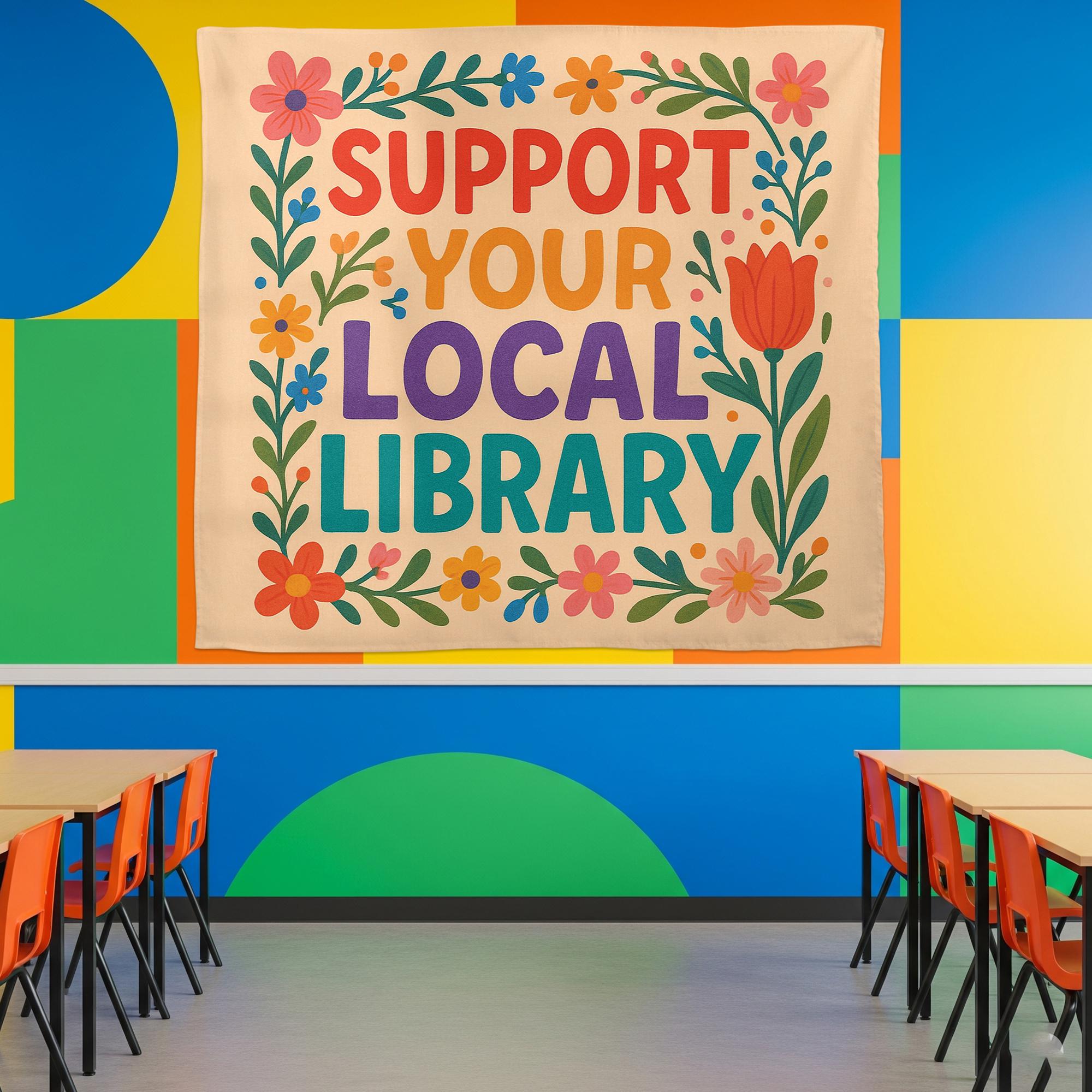 Support Your Local Library Tapestry, Colorful Floral Wall Hanging, Classroom Library Decor, Book Lover Gift, Reading Corner Art