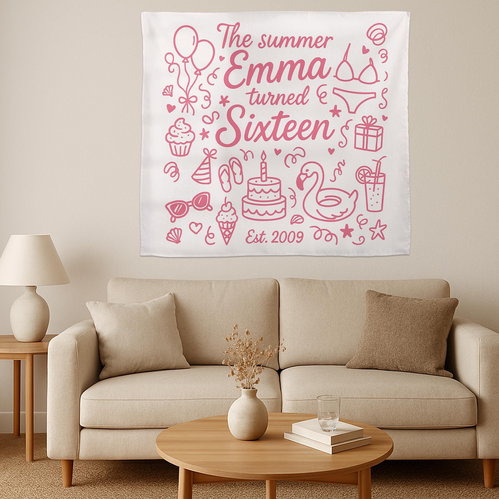 Sweet 16 Birthday Tapestry, Custom Name Summer Party Wall Decor, Teen Girl Room Banner, Sixteenth Birthday Gift, Pool Party Backdrop