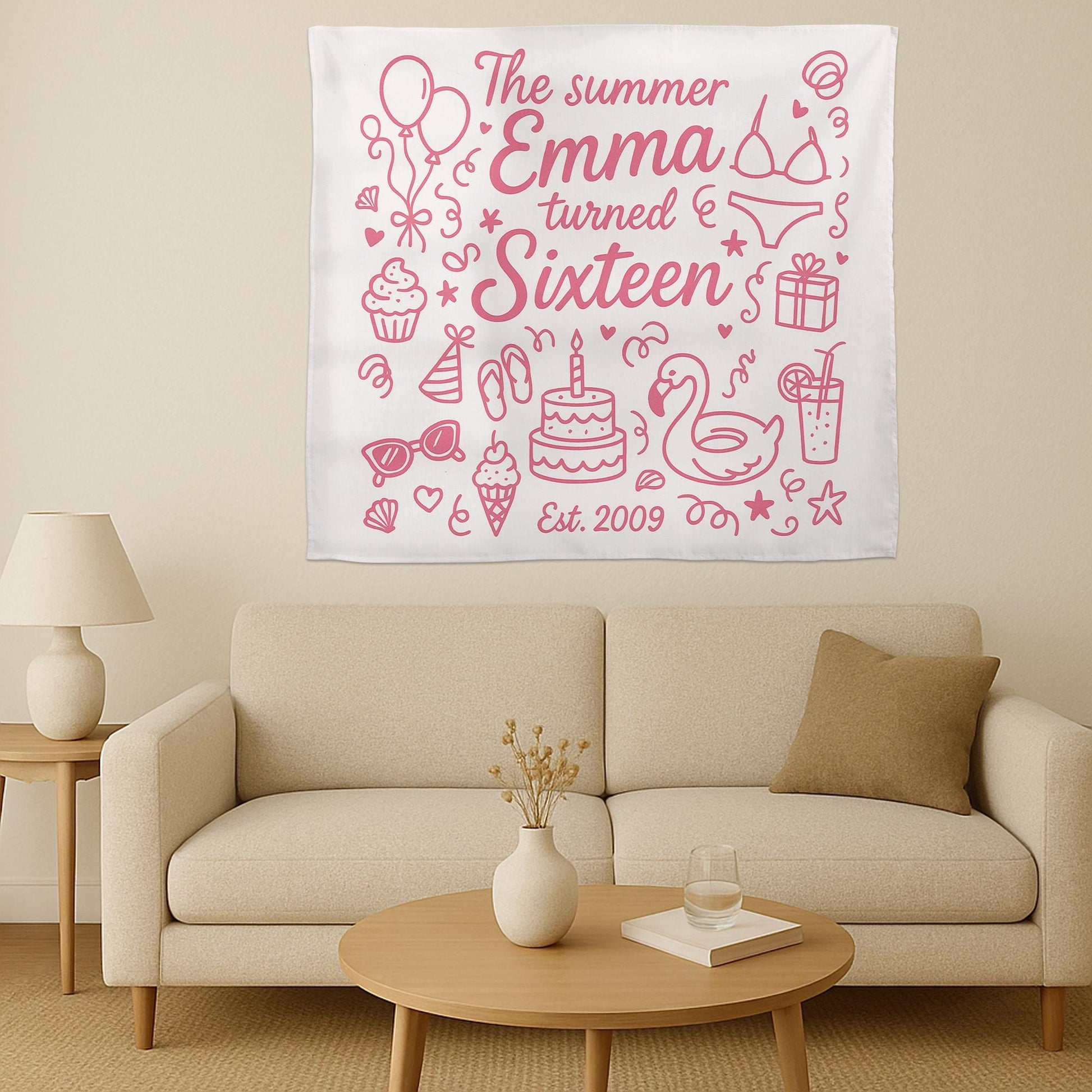 Sweet 16 Birthday Tapestry, Custom Name Summer Party Wall Decor, Teen Girl Room Banner, Sixteenth Birthday Gift, Pool Party Backdrop