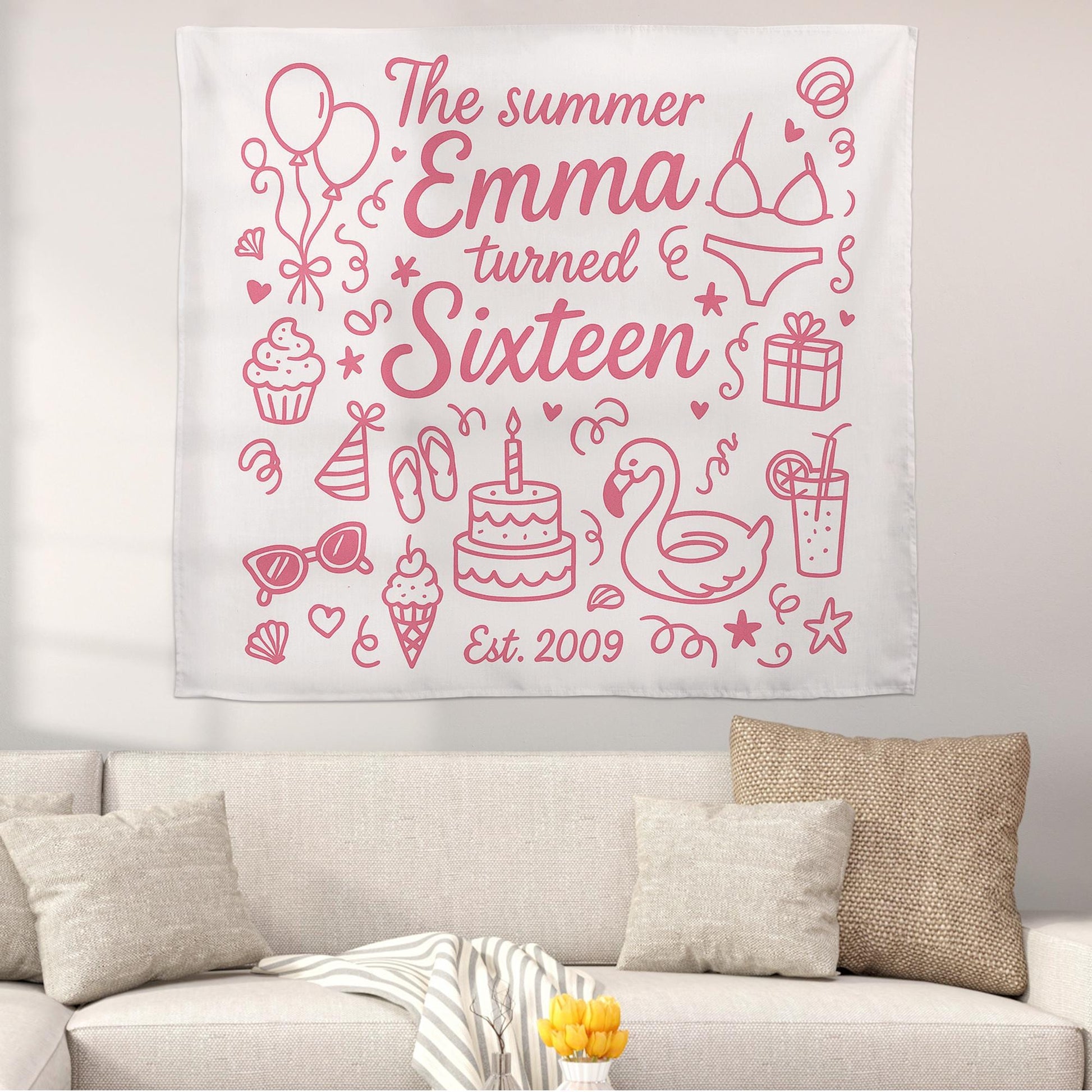 Sweet 16 Birthday Tapestry, Custom Name Summer Party Wall Decor, Teen Girl Room Banner, Sixteenth Birthday Gift, Pool Party Backdrop