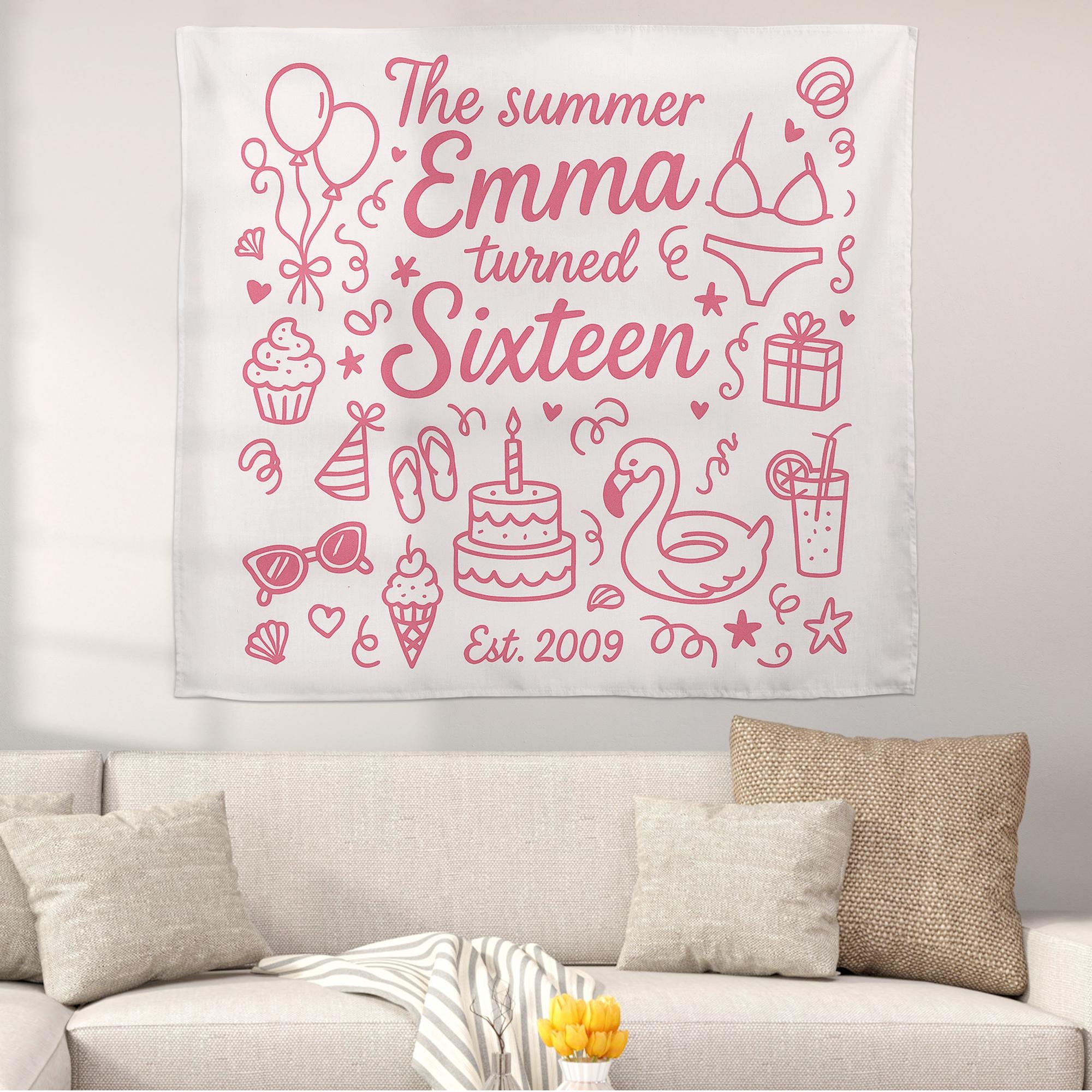 Sweet 16 Birthday Tapestry, Custom Name Summer Party Wall Decor, Teen Girl Room Banner, Sixteenth Birthday Gift, Pool Party Backdrop