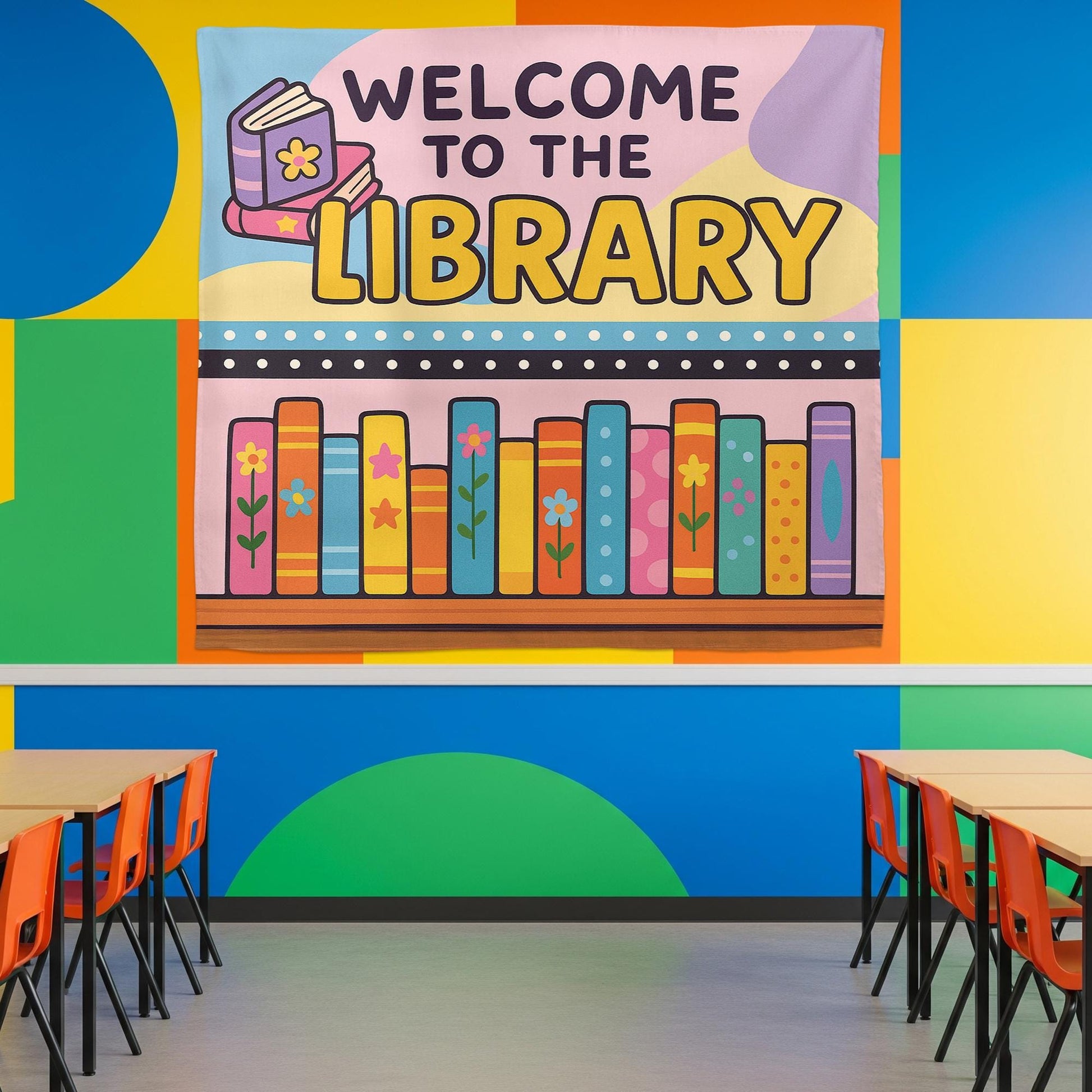Welcome to the Library Tapestry, Colorful Book Wall Hanging, Classroom Reading Decor, School Library Banner, Kids Literacy Sign