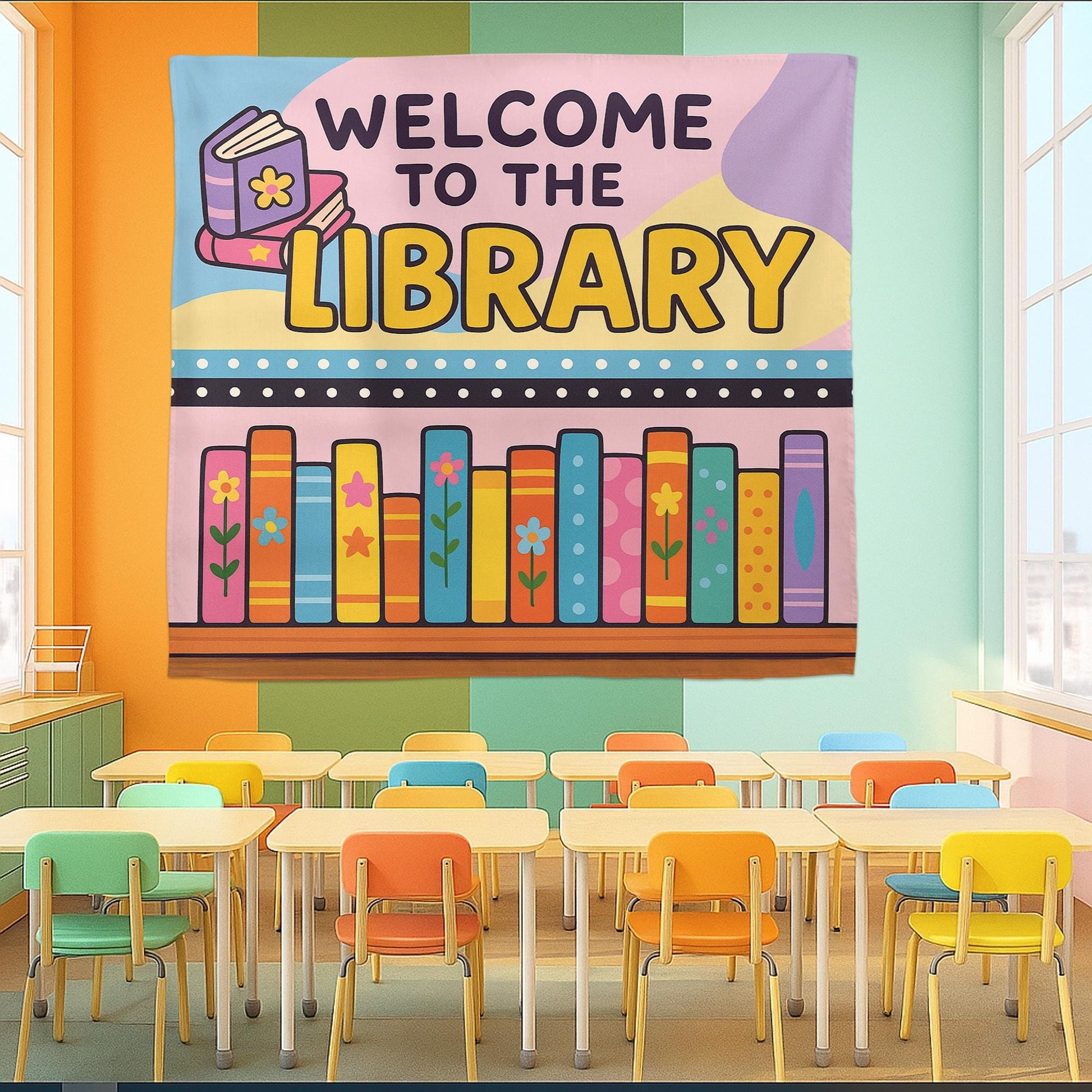 Welcome to the Library Tapestry, Colorful Book Wall Hanging, Classroom Reading Decor, School Library Banner, Kids Literacy Sign