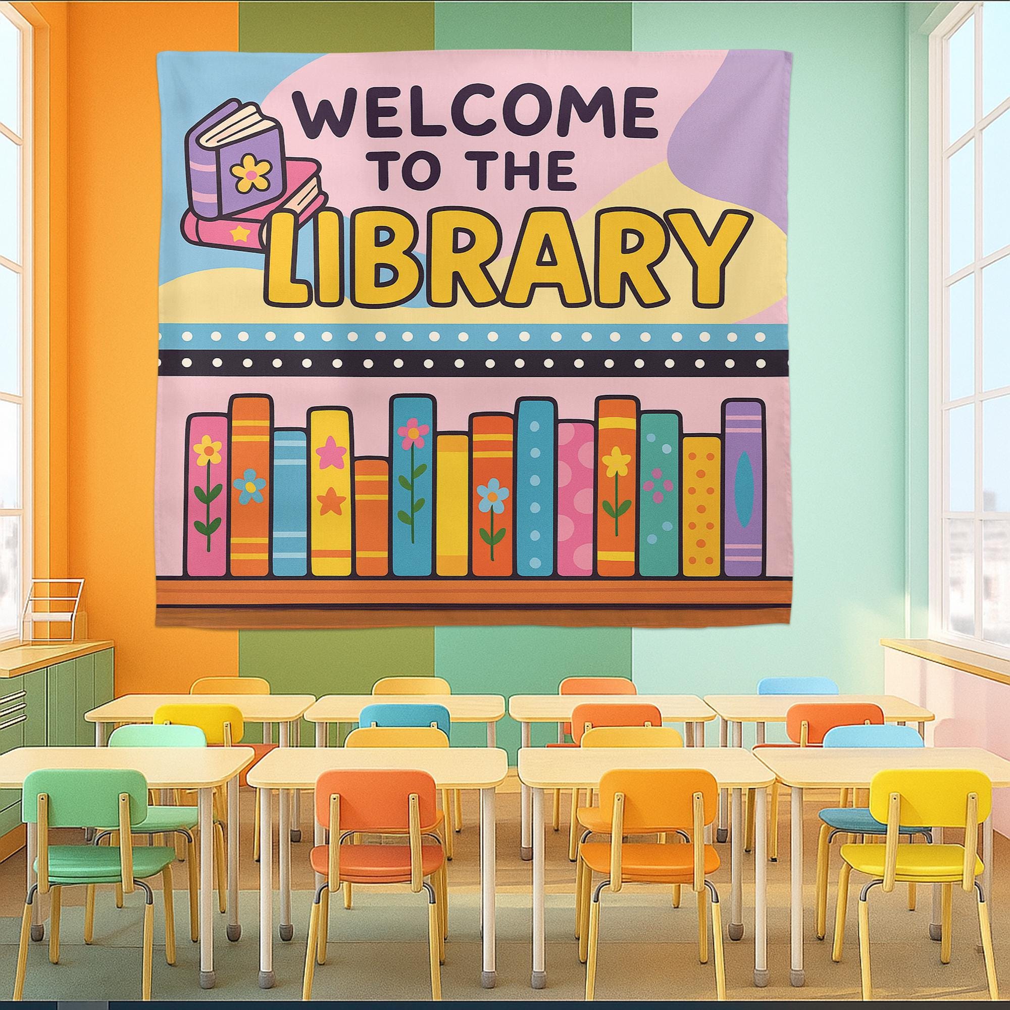 Welcome to the Library Tapestry, Colorful Book Wall Hanging, Classroom Reading Decor, School Library Banner, Kids Literacy Sign