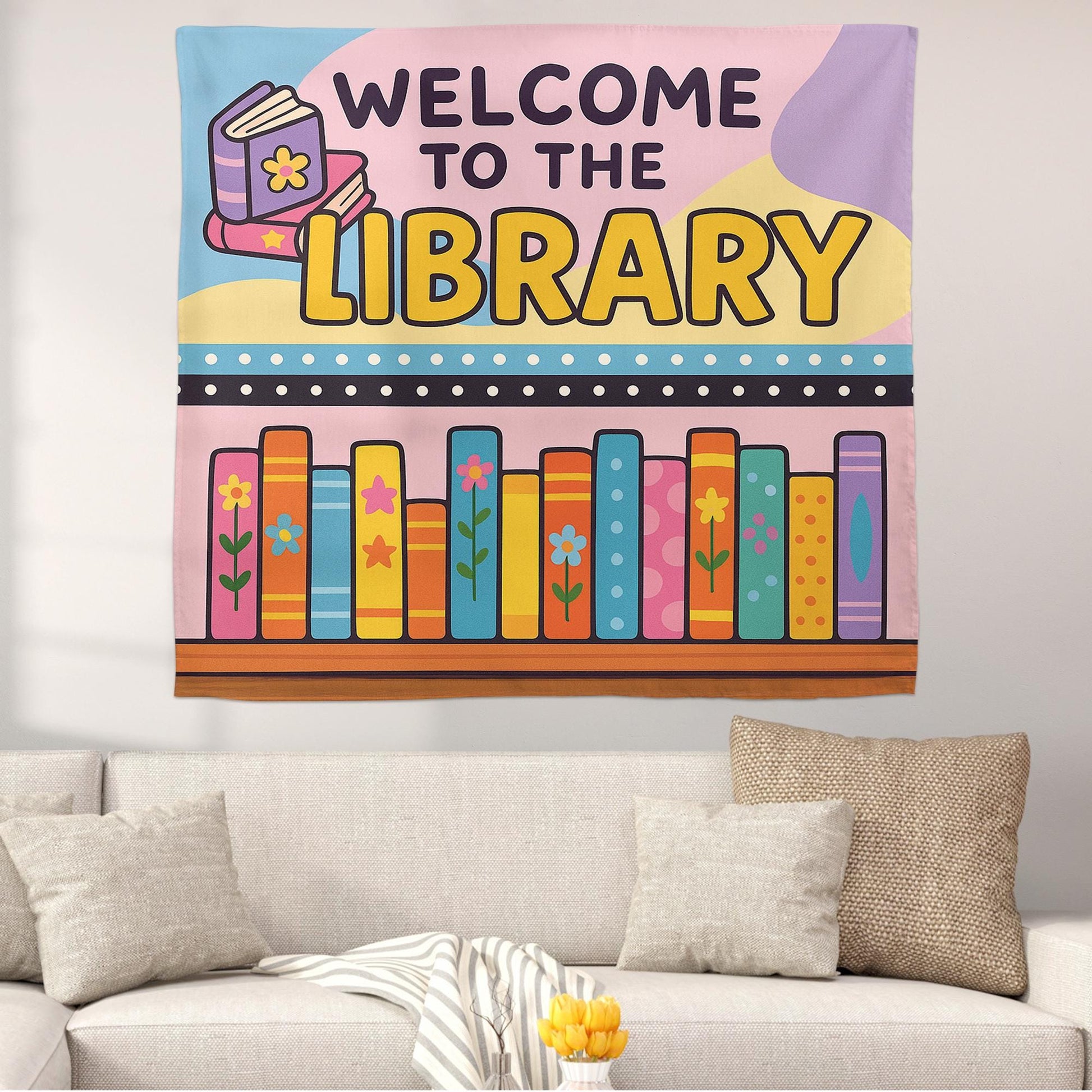 Welcome to the Library Tapestry, Colorful Book Wall Hanging, Classroom Reading Decor, School Library Banner, Kids Literacy Sign