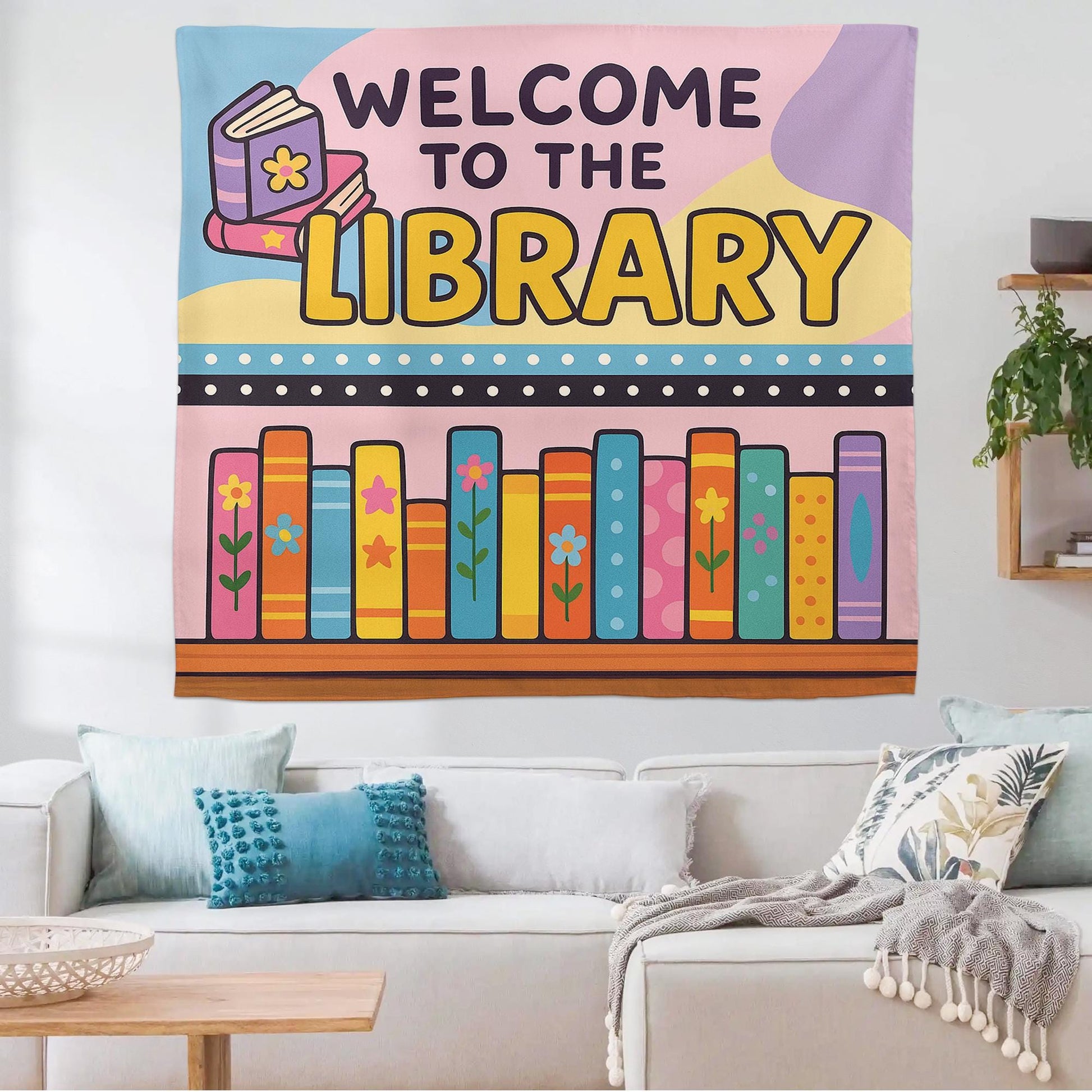 Welcome to the Library Tapestry, Colorful Book Wall Hanging, Classroom Reading Decor, School Library Banner, Kids Literacy Sign
