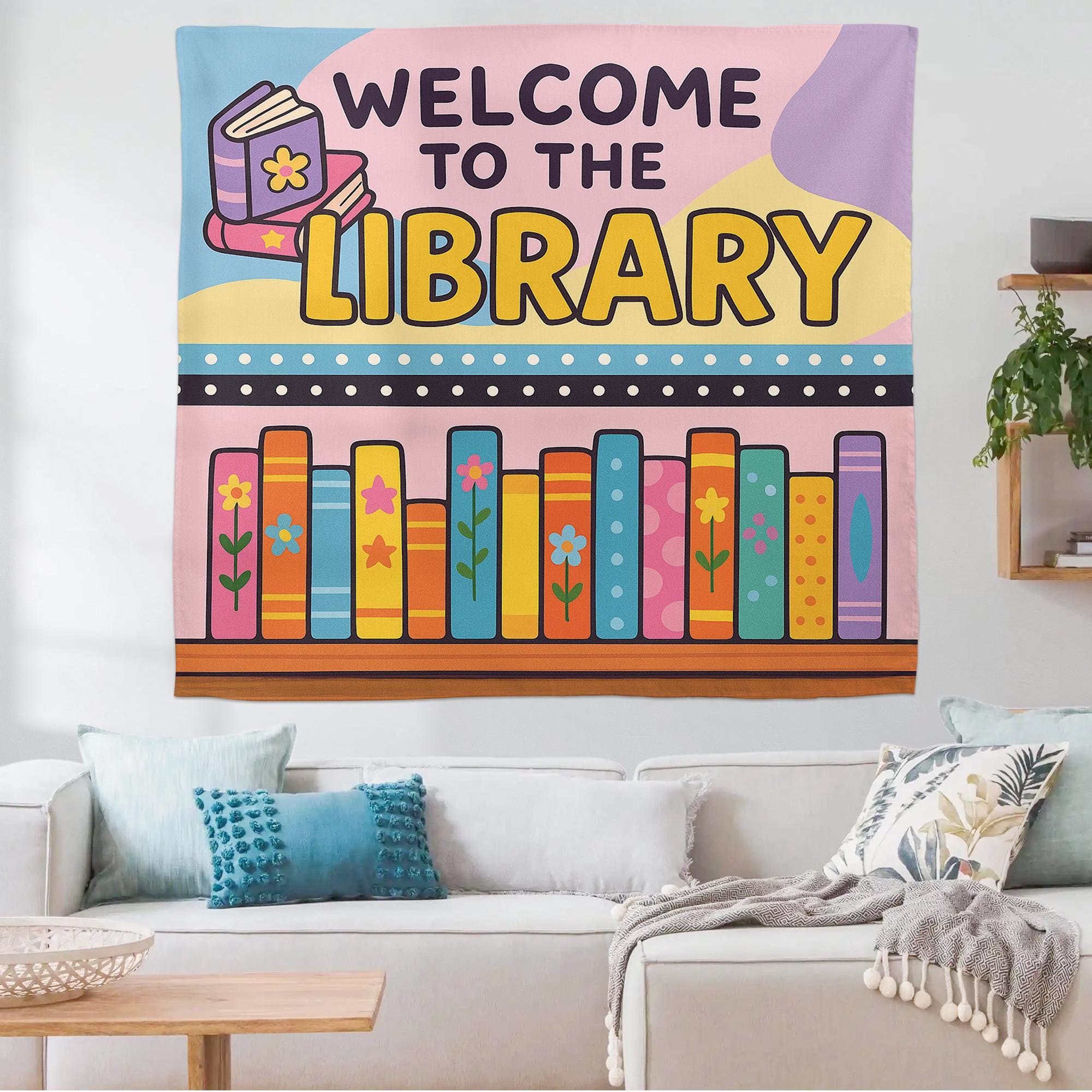 Welcome to the Library Tapestry, Colorful Book Wall Hanging, Classroom Reading Decor, School Library Banner, Kids Literacy Sign