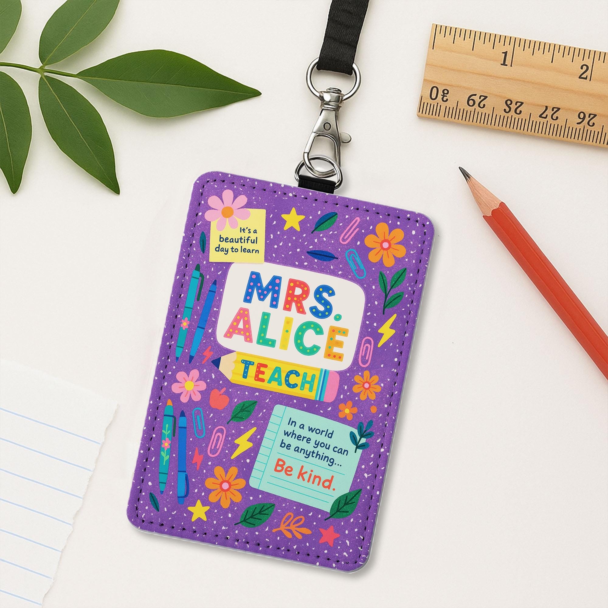 Personalized Teacher Badge Holder, Cute Classroom ID Card, Custom Name Lanyard Card, Back to School Teacher Gift, Be Kind Design