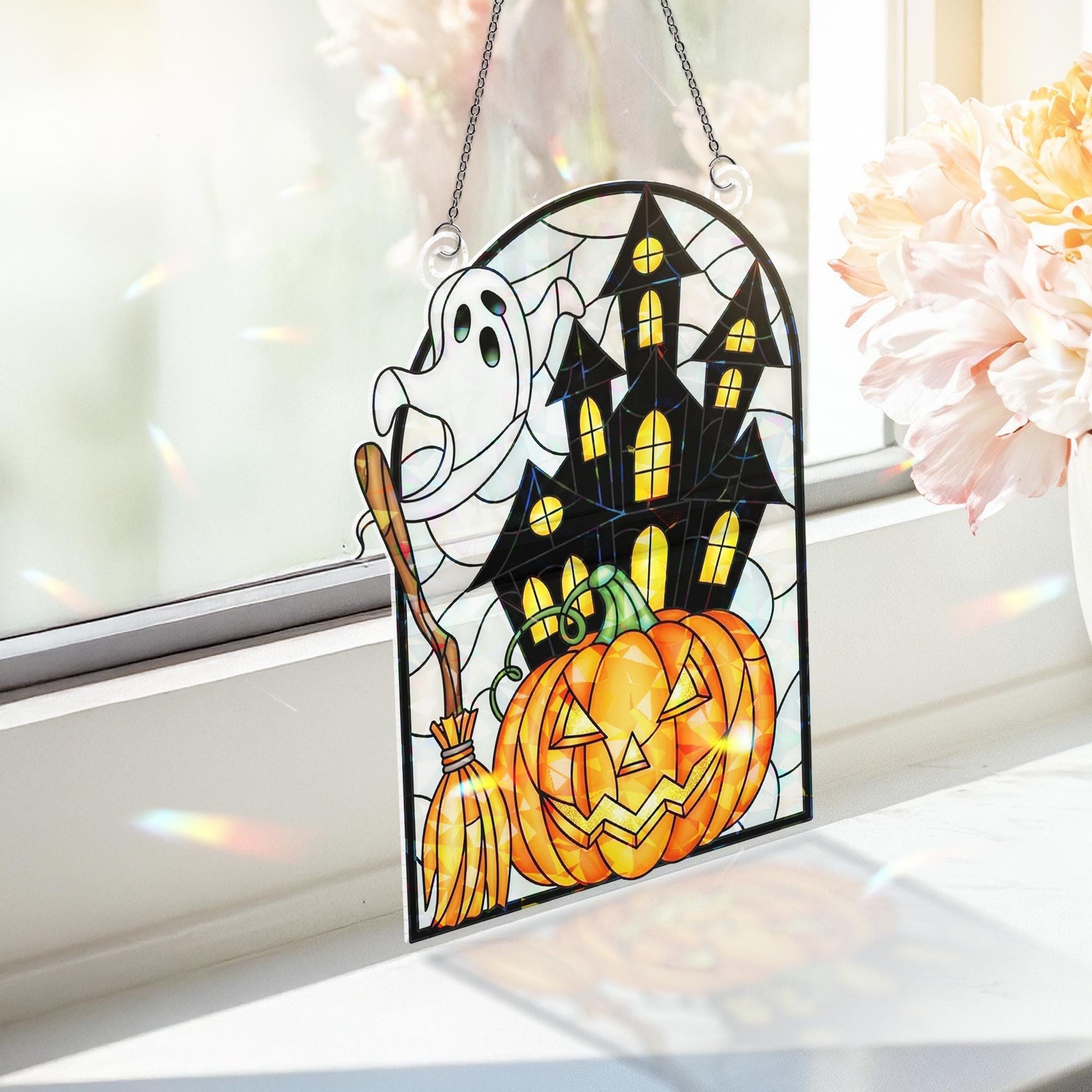 Halloween Ghost Pumpkin ACRYLIC Suncatcher, Acrylic Holographic Window Decor, Haunted House Hanging Sign, Spooky Fall Decoration