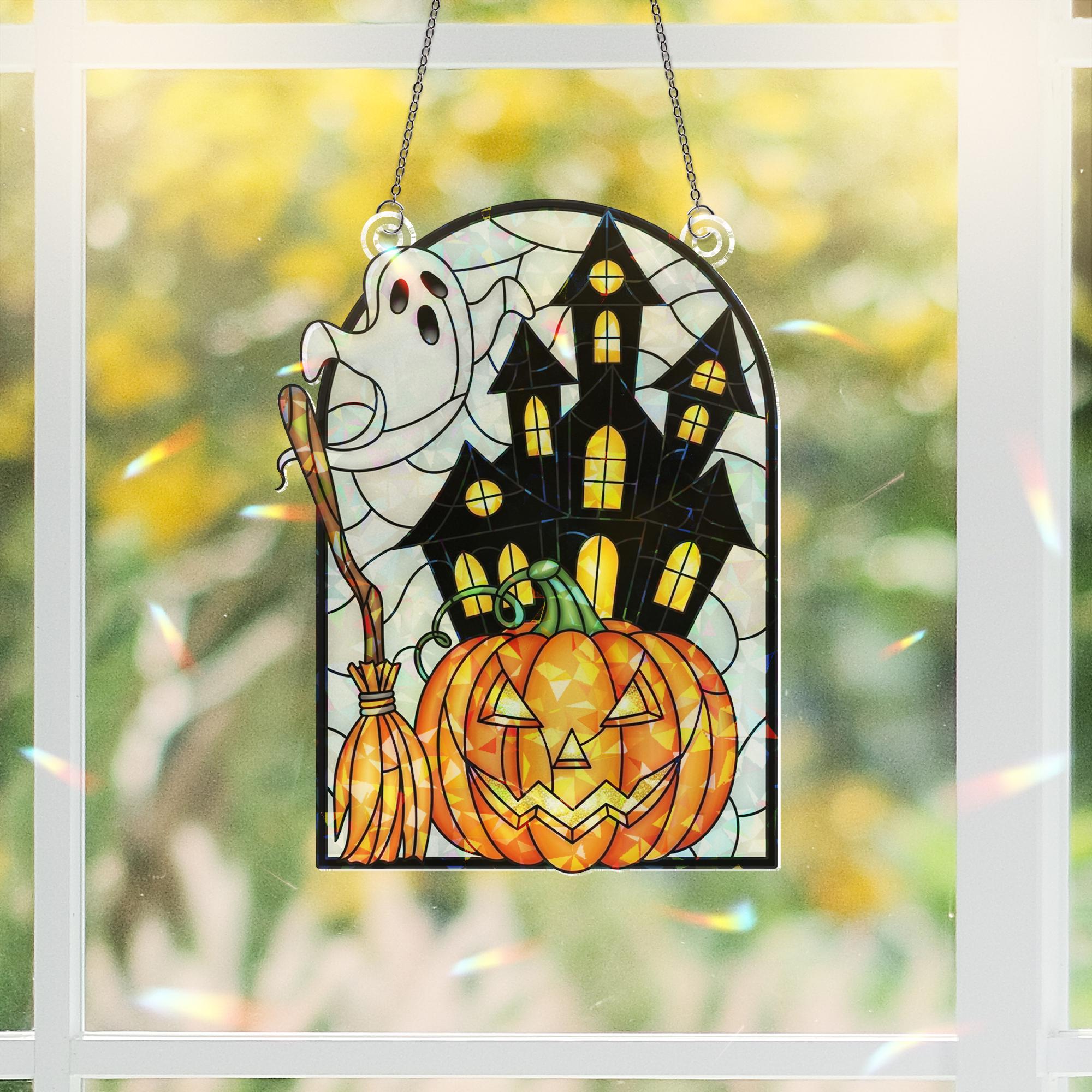 Halloween Ghost Pumpkin ACRYLIC Suncatcher, Acrylic Holographic Window Decor, Haunted House Hanging Sign, Spooky Fall Decoration